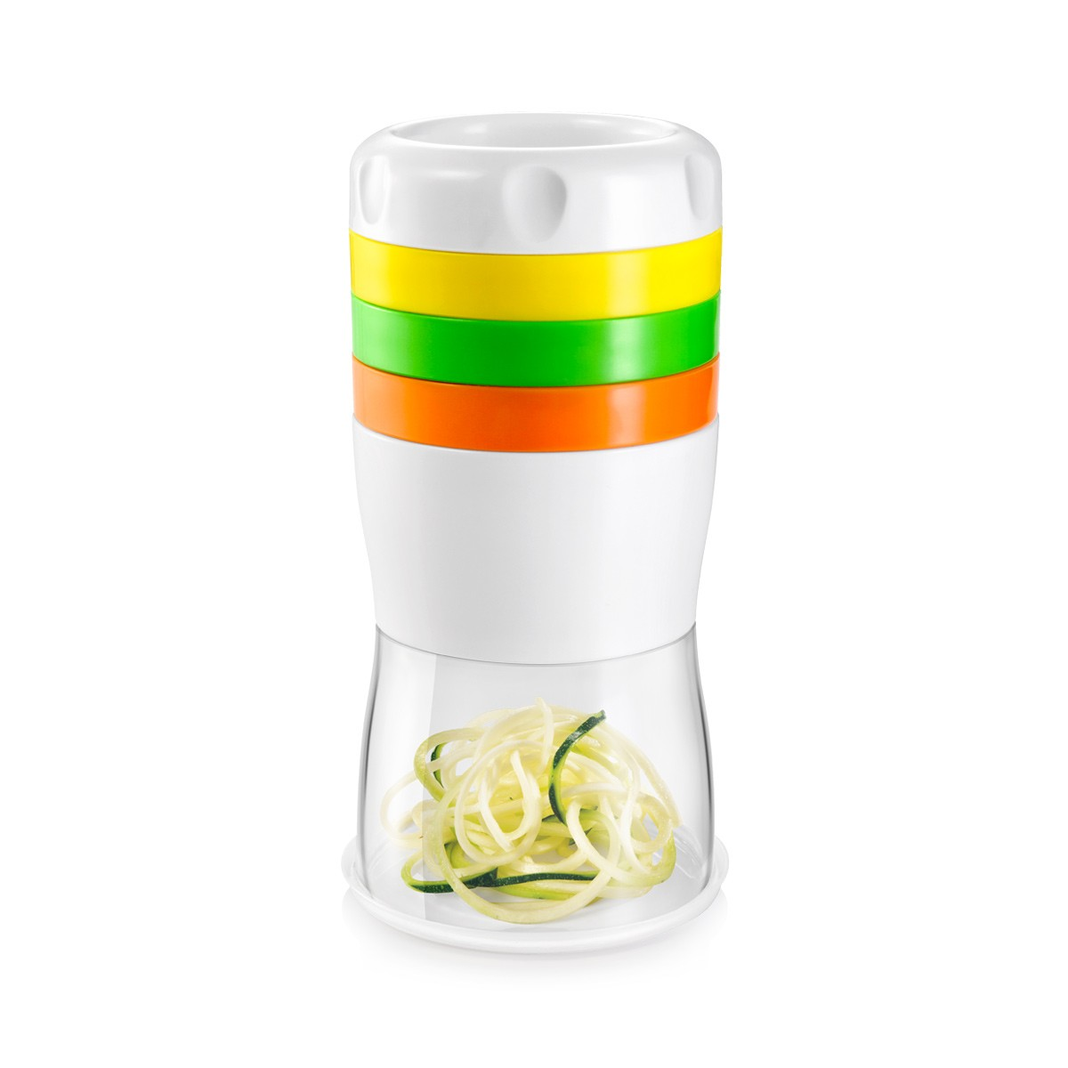 Ein Spiralisierer mit weißen, gelben, grünen und orangen Ringen. Unten sind Zucchini-Nudeln.