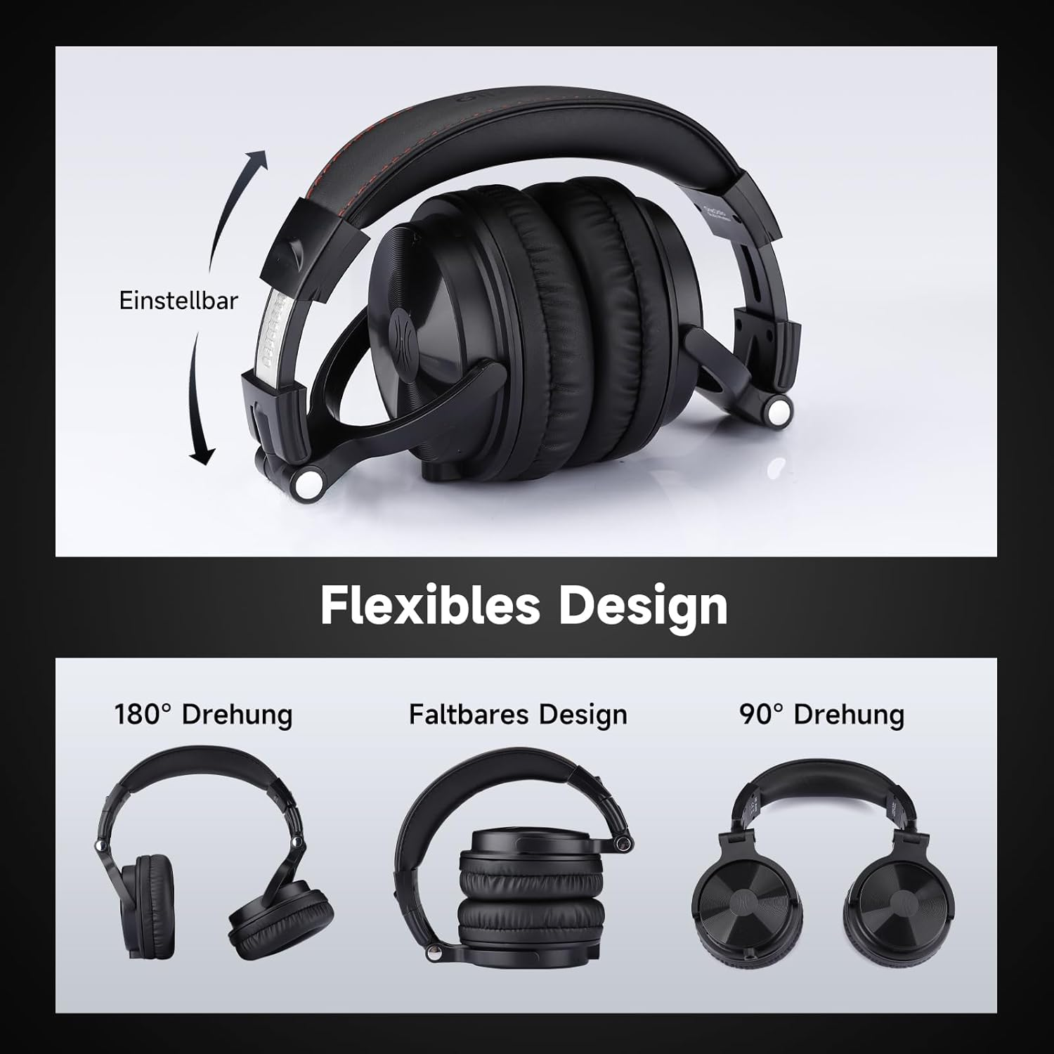 Czarne słuchawki z regulowanym i składanym pałąkiem. Pokazują obrót o 180° i 90°.