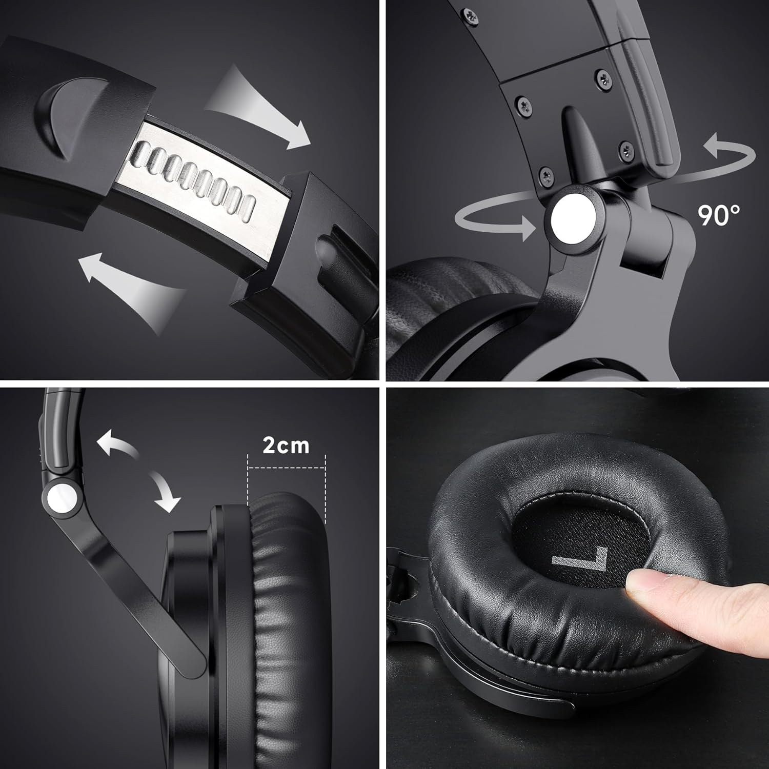 Zbliżenie czarnych słuchawek pokazujących funkcje takie jak regulacja rozmiaru, obrót o 90° i detale nauszników.