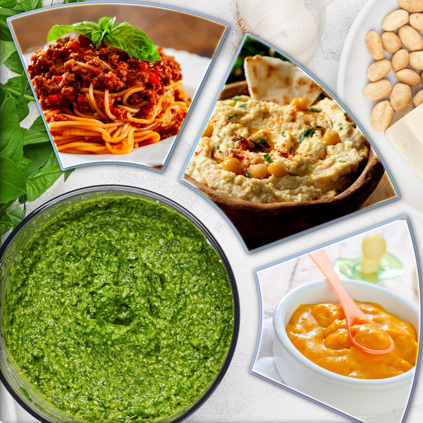 Collage aus Spaghetti Bolognese, Hummus, Pesto, Erdnüssen und Karottenpüree.