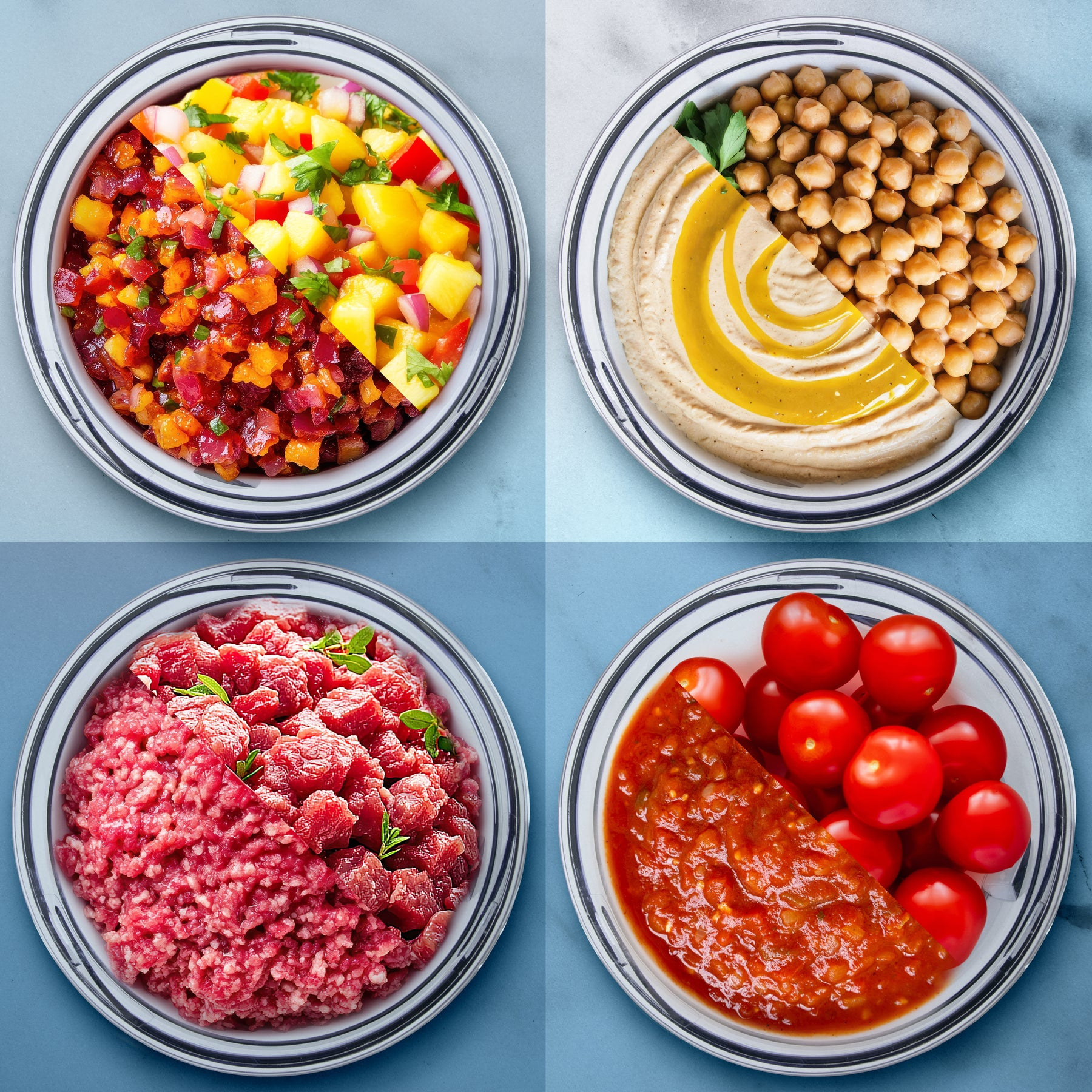 Vier Schalen mit Zutaten: Salsa, Hummus mit Kichererbsen, Hackfleisch und Tomaten.