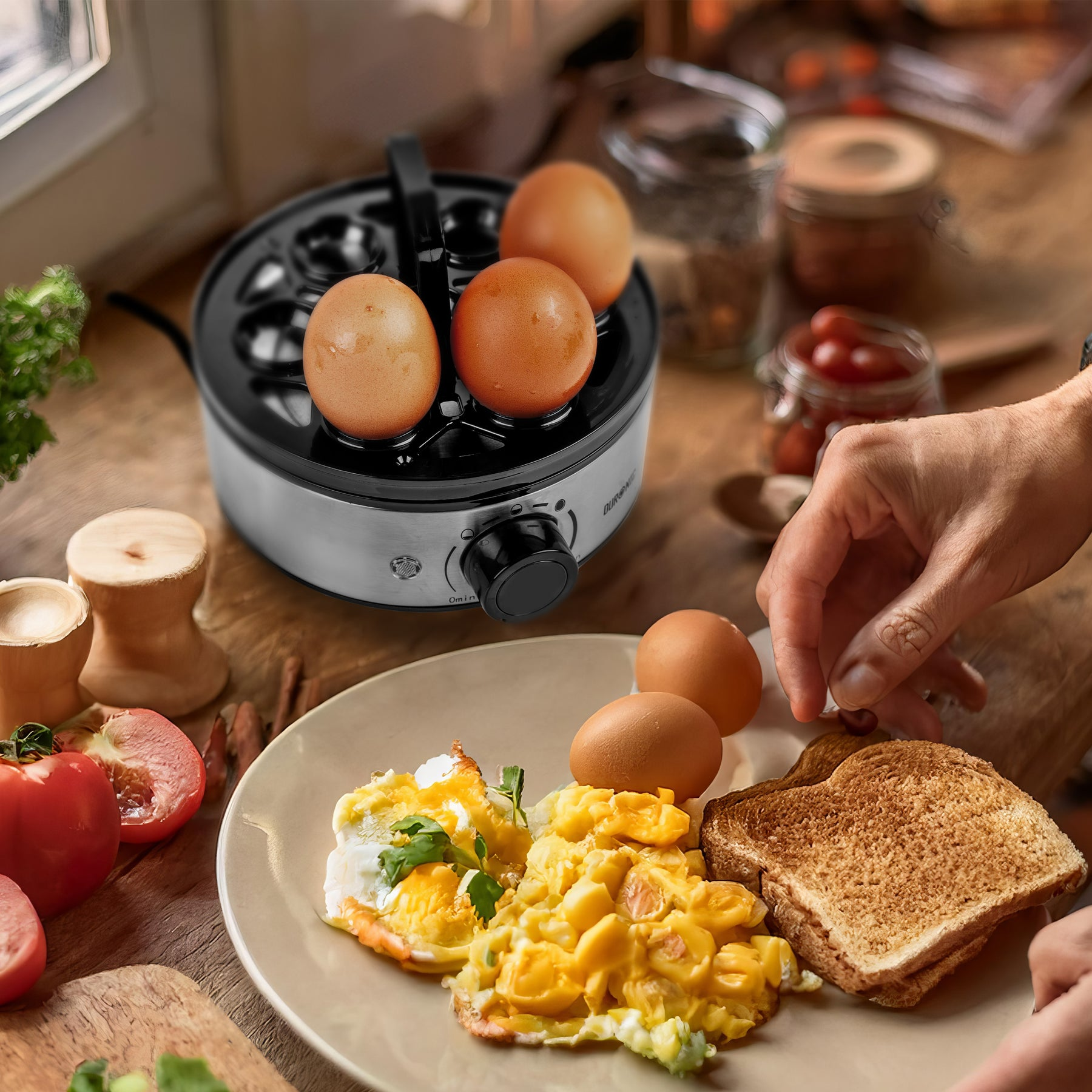 Eierkocher mit Eiern, Rührei, Spiegelei und Toast auf einem Tisch.