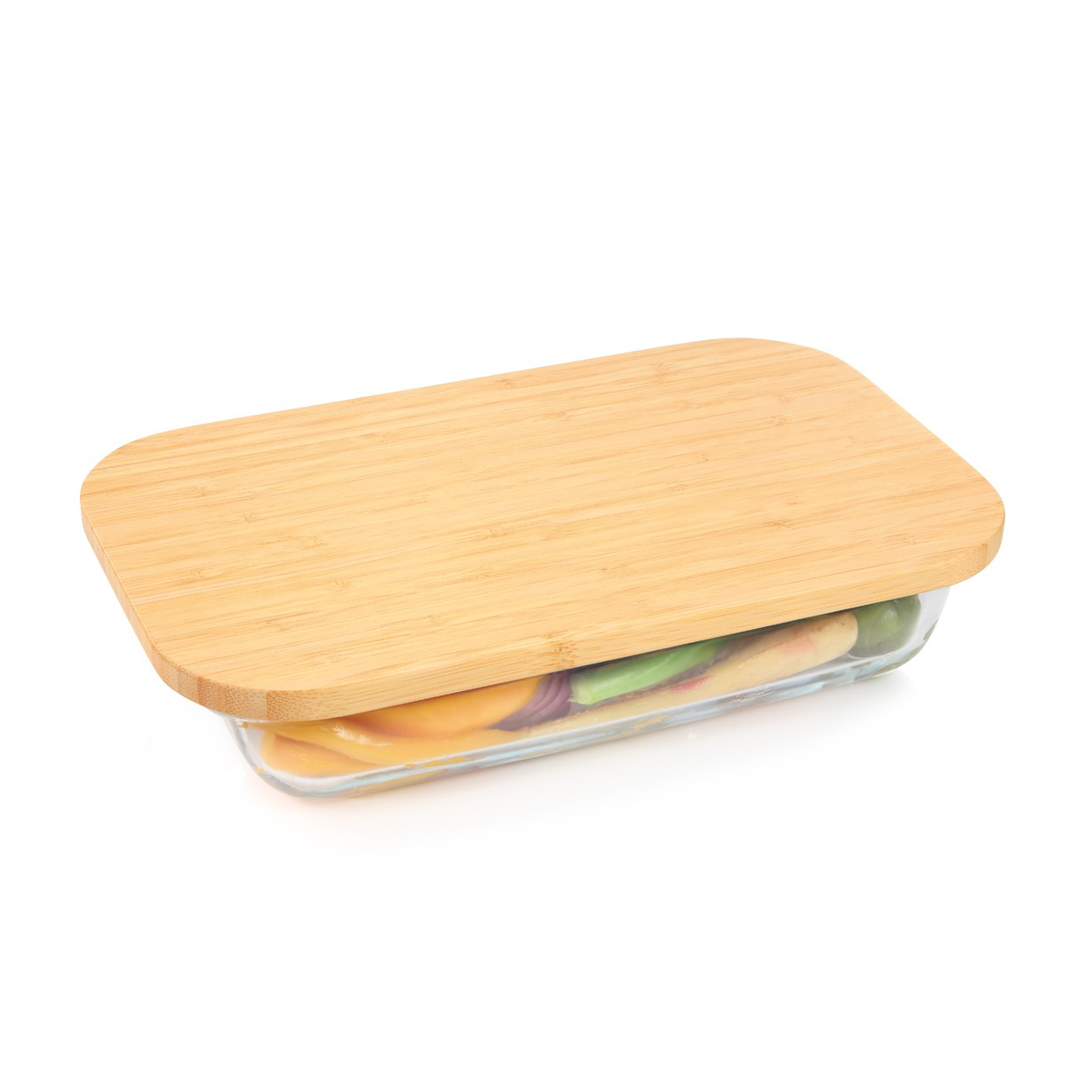 Glasbehälter mit Holzdeckel, gefüllt mit Obst und Gemüse.