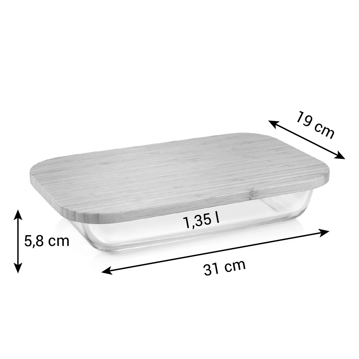 Ein rechteckiger Glasbehälter mit Bambusdeckel, Maße: 31x19x5,8 cm.