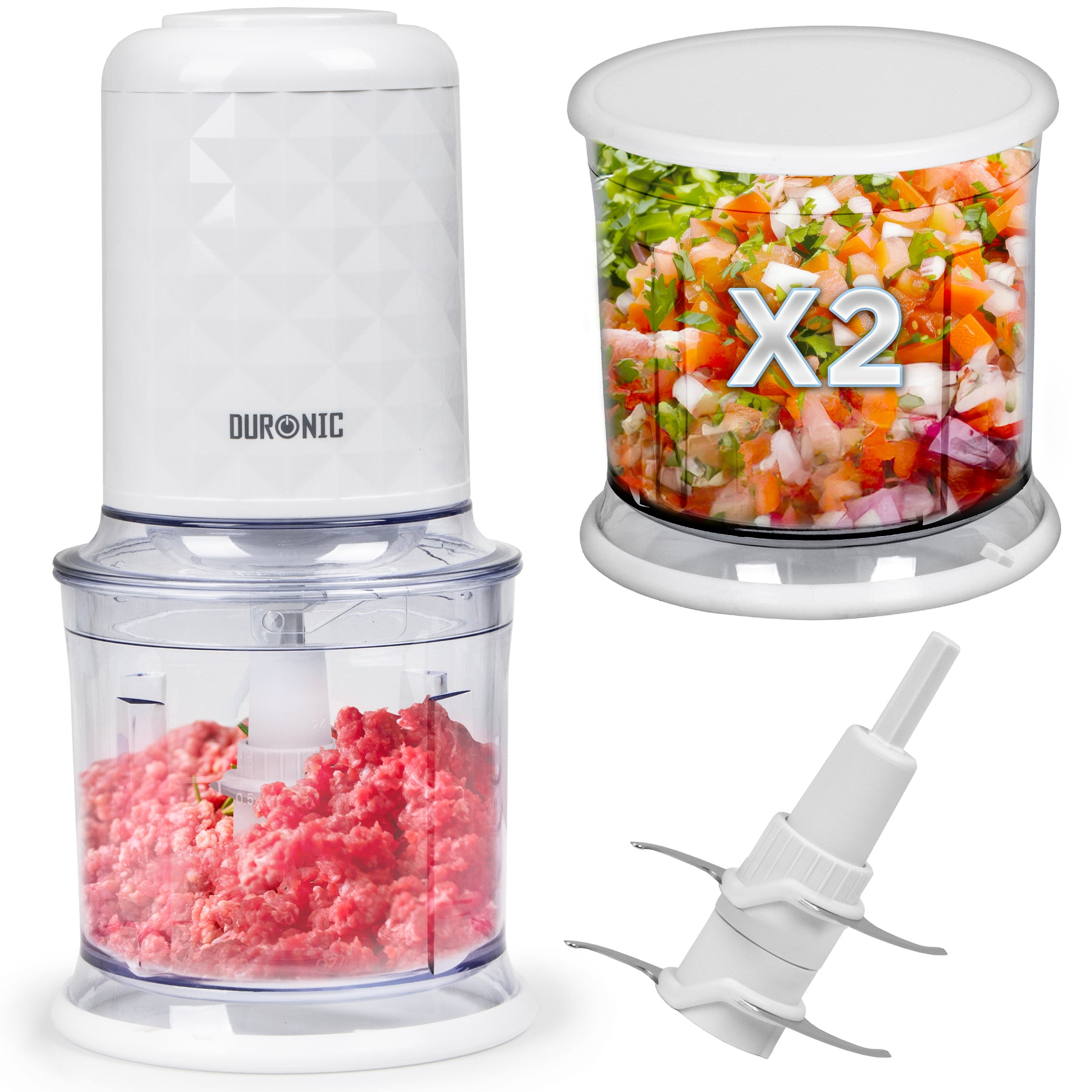 Weiße Küchenmaschine mit gehacktem Hackfleisch und Salat. Klingen sind abgetrennt.