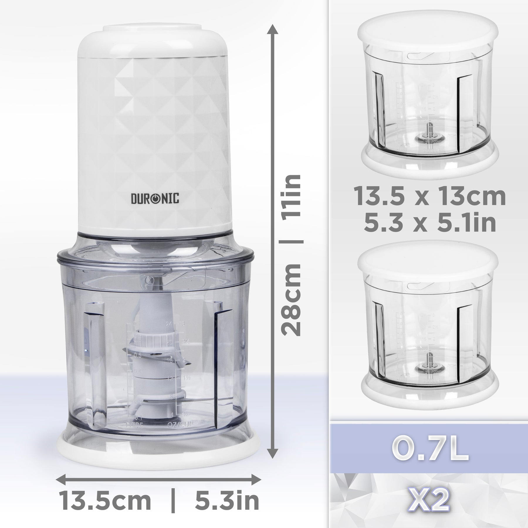 Ein weißer Mini-Zerkleinerer von Duronic mit transparentem Behälter und Messskala.