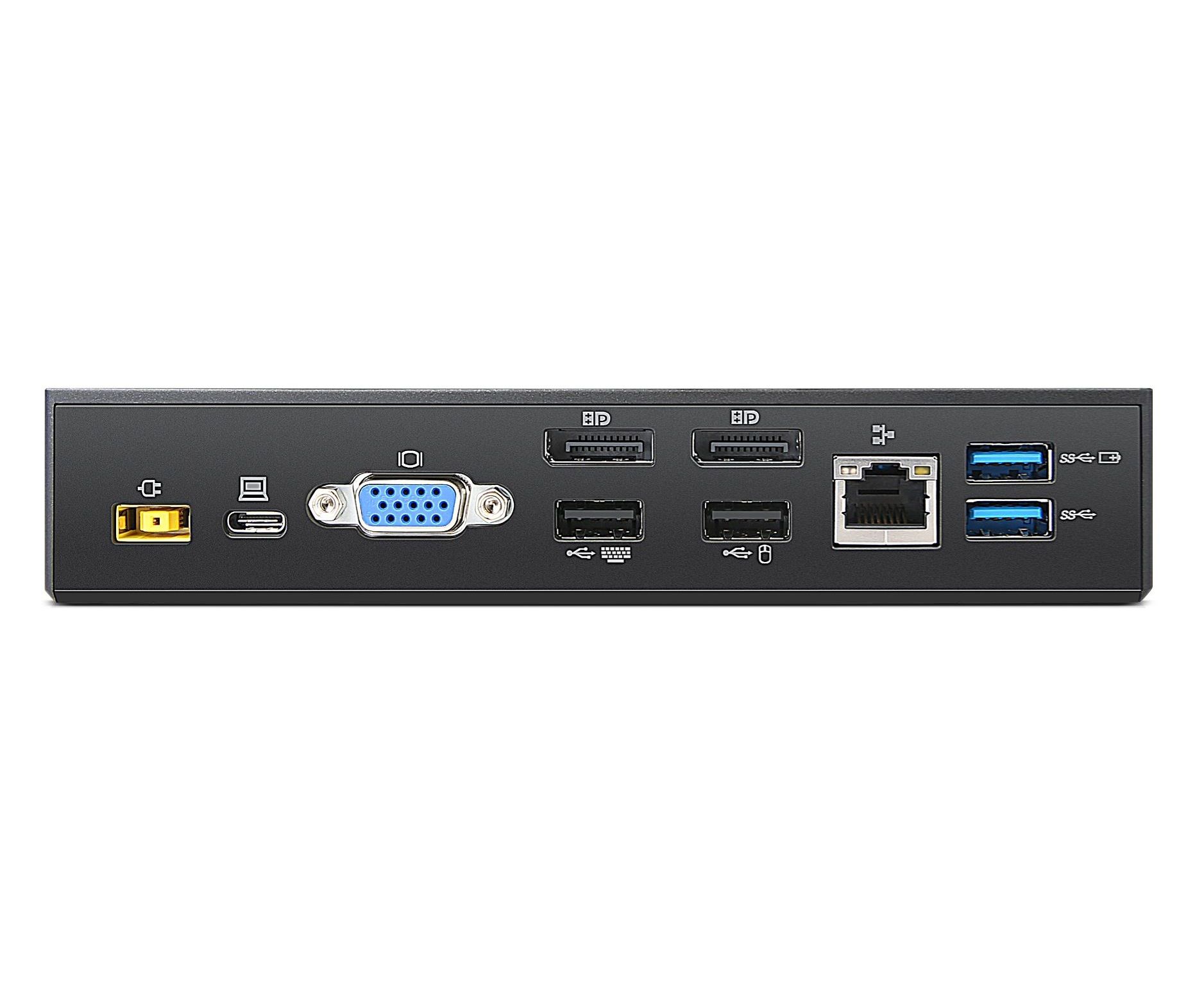 Rückseite eines schwarzen Geräts mit verschiedenen Anschlüssen: USB-A, DisplayPort, VGA, Ethernet und USB-C.