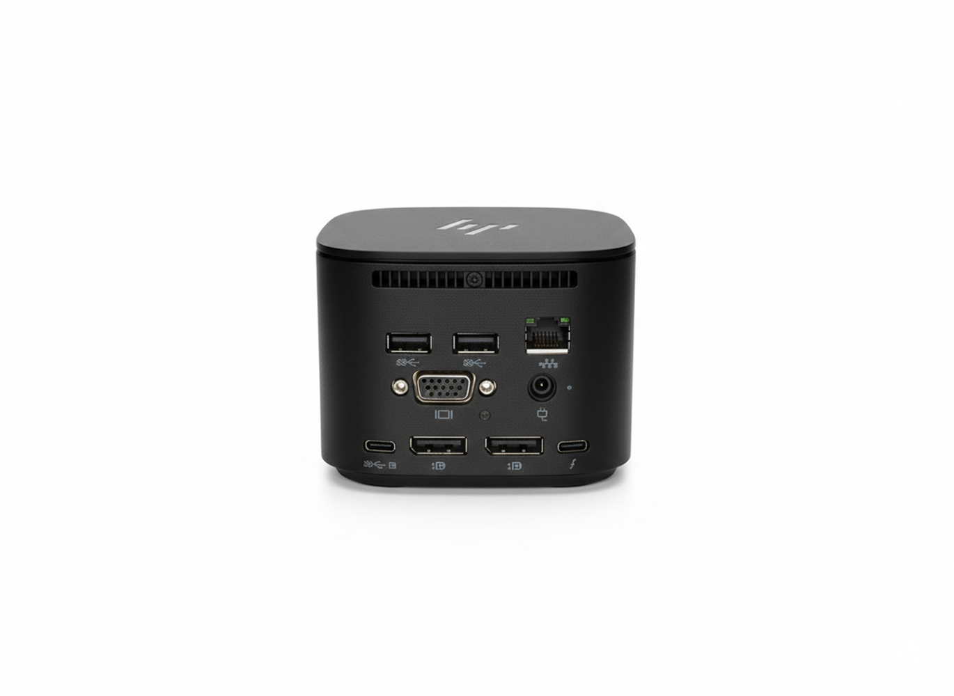 Schwarzer HP Docking-Station mit Anschlüssen wie USB-A, VGA, Ethernet und USB-C.