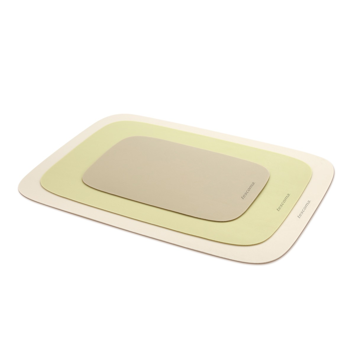 Drei rechteckige Unterlagen in Beige, Hellgrün und Creme, gestaffelt.