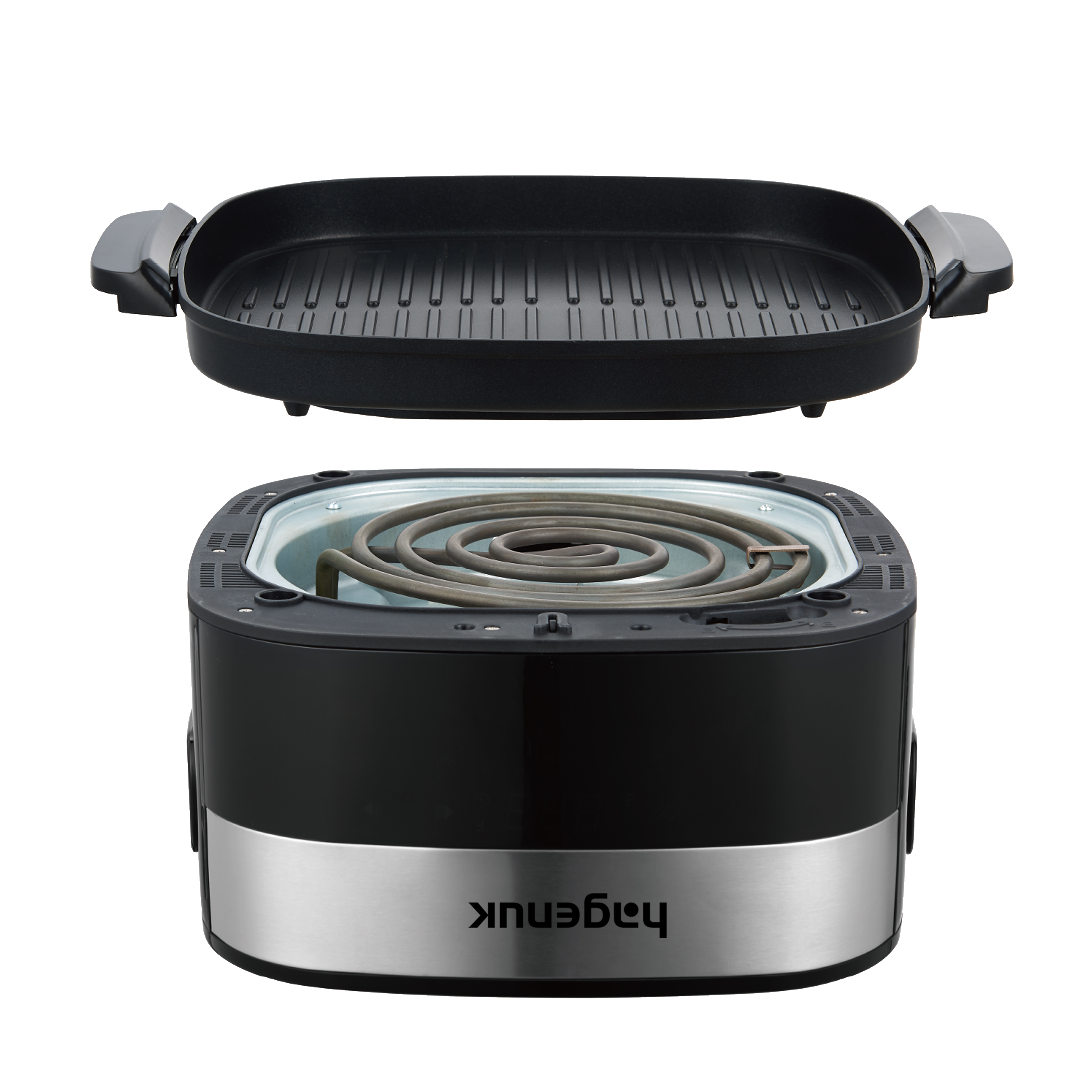 Ein elektrischer Grill mit abnehmbarer Grillplatte und Heizelement.