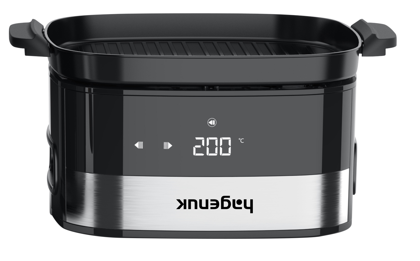 Ein schwarzer Elektrogrill mit digitaler Anzeige von 200°C.