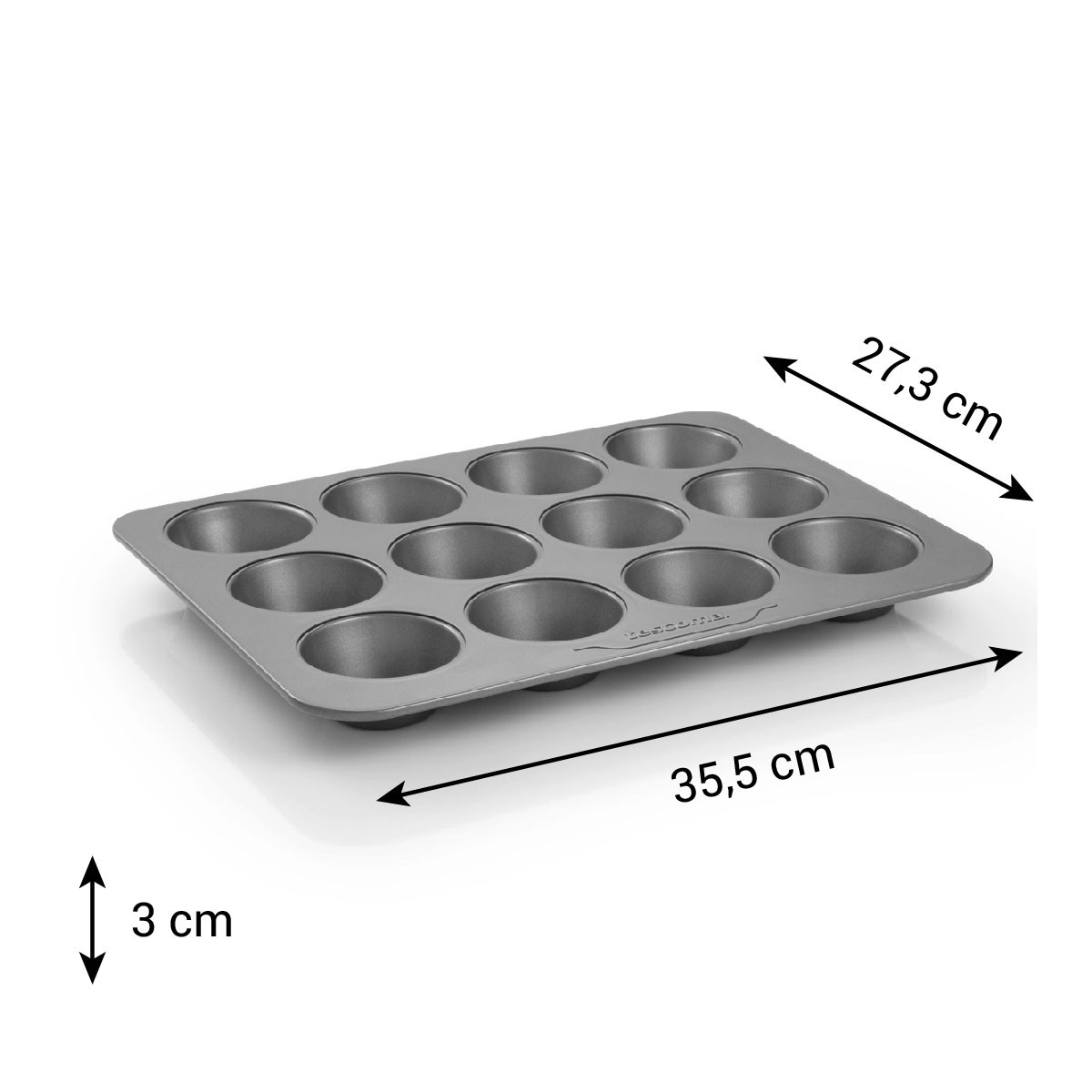 Graue Muffinform mit 12 Mulden, Maße 35,5x27,3x3 cm.