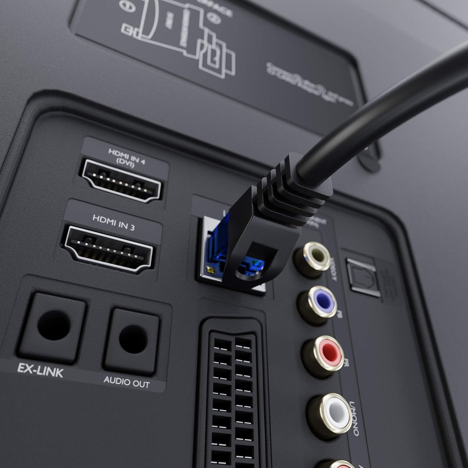 Kabel sieciowy podłączony do portu HDMI z tyłu telewizora.