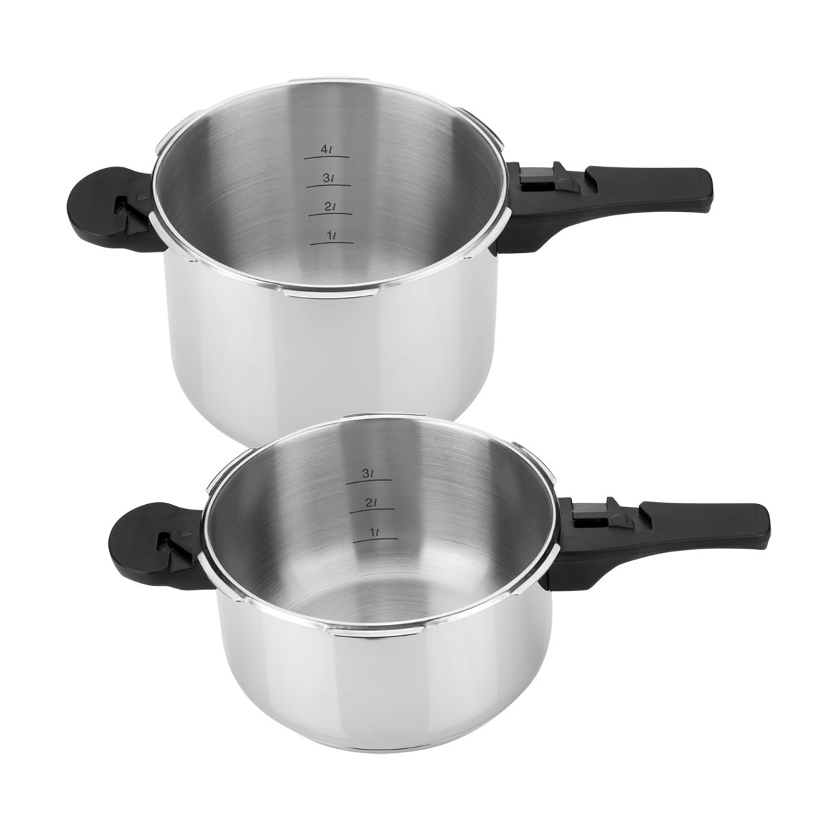 Zwei Edelstahl-Schnellkochtöpfe mit schwarzen Griffen, mit Füllstandsanzeigen.
