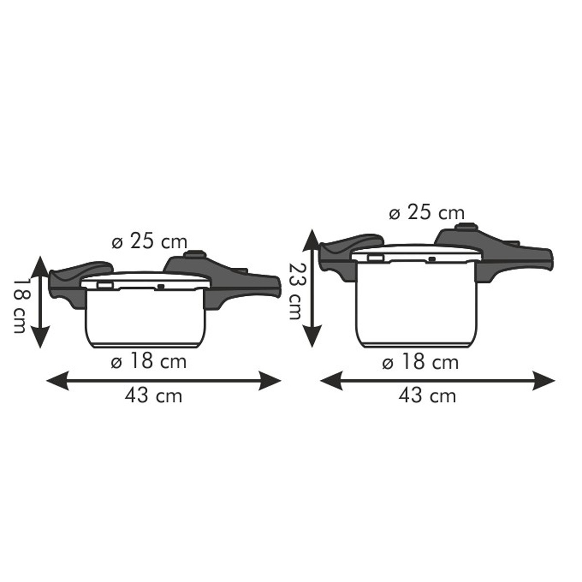 Zwei Schnellkochtöpfe mit Maßen: 25cm Ø, 18cm H, 43cm B und 25cm Ø, 23cm H, 43cm B.