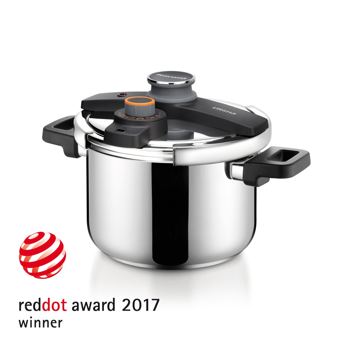 Edelstahl-Schnellkochtopf mit schwarzem Deckel und Bedienelementen, links der Red Dot Award.