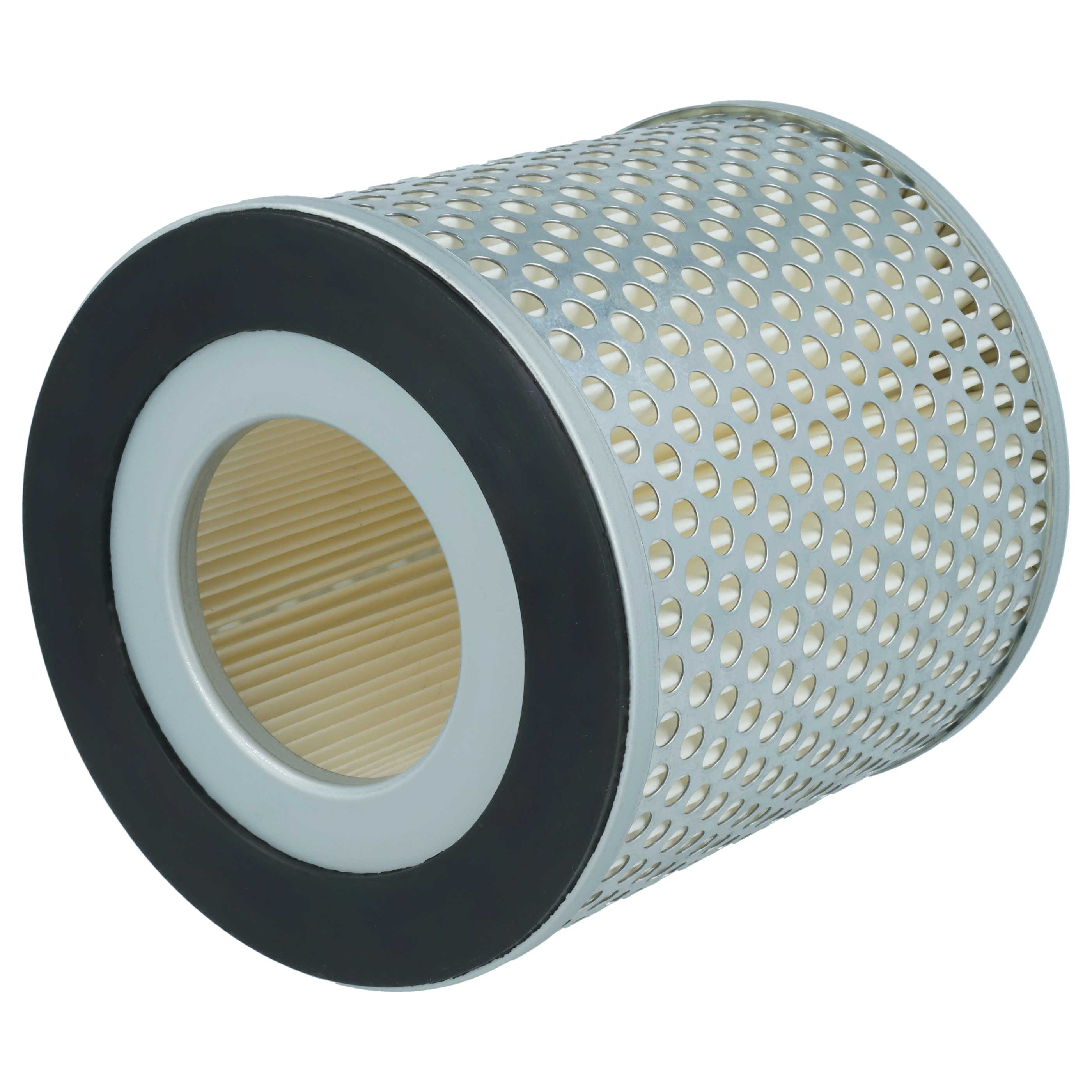 Ein zylindrischer Luftfilter mit perforiertem Metallgehäuse und Papierfilter.