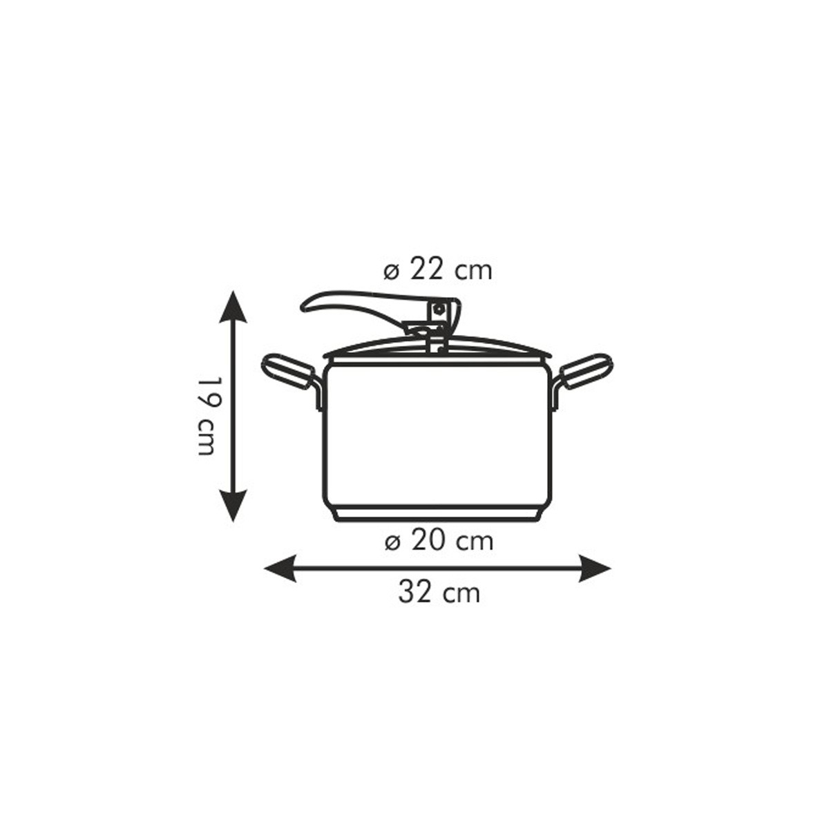 Kochtopf-Diagramm mit Maßen: Höhe 19 cm, Ø 22 cm, Länge 32 cm.