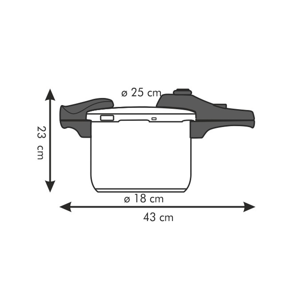 Ein Kochtopf mit Maßen: 23 cm hoch, 18 cm Durchmesser, 43 cm breit.