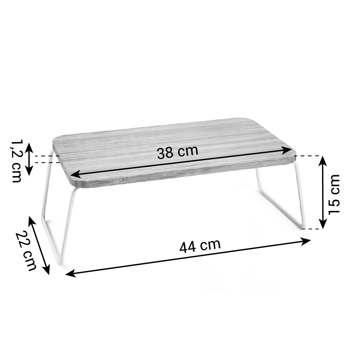 Ein Holztisch mit Metallbeinen, Maße sind angegeben.