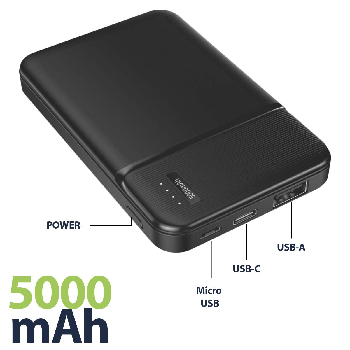 Schwarzes 5000 mAh Powerbank mit USB-A, USB-C und Micro-USB-Anschlüssen.