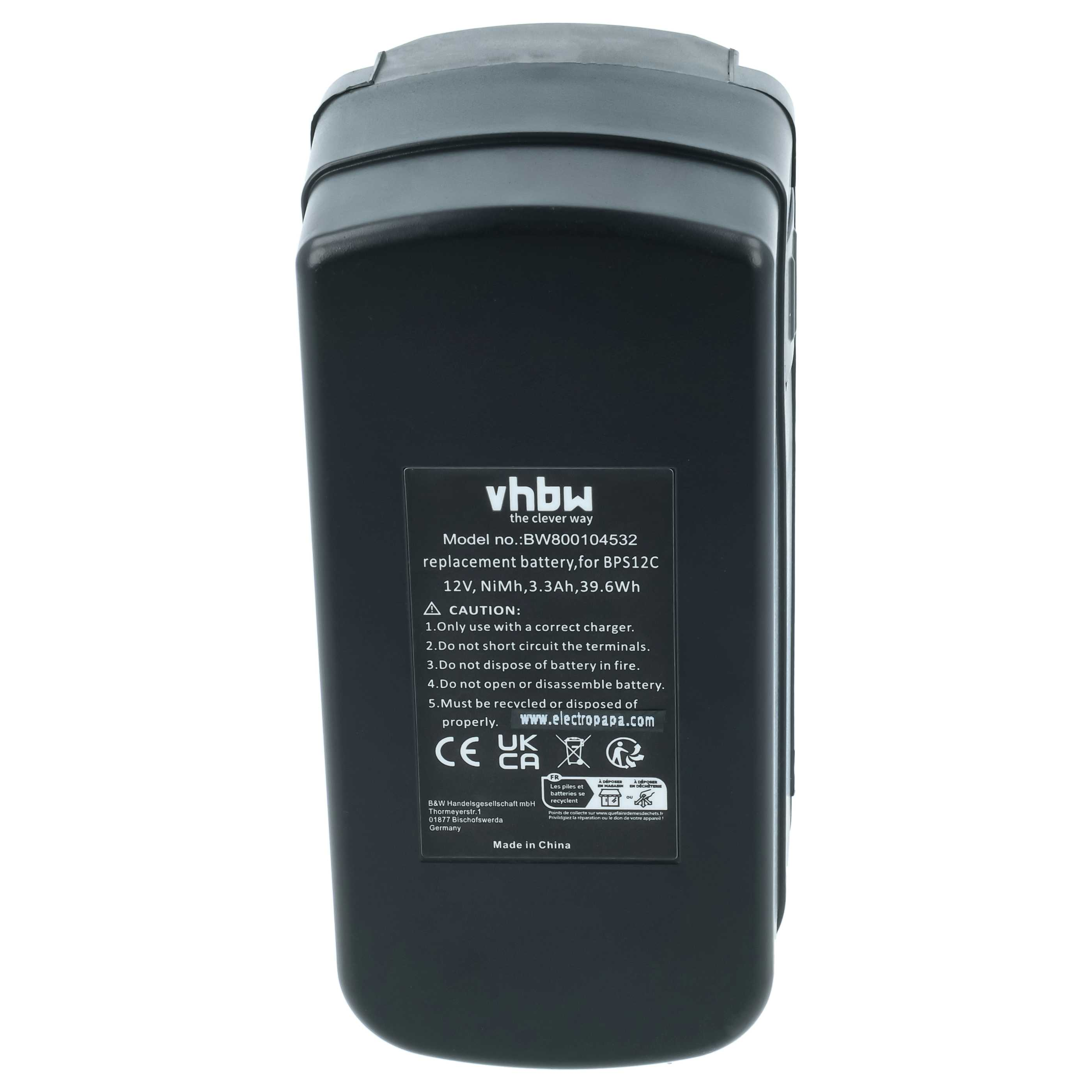 Schwarzer Akku mit Beschriftung: VHBW, Modell BW800104532, 12V NiMh.