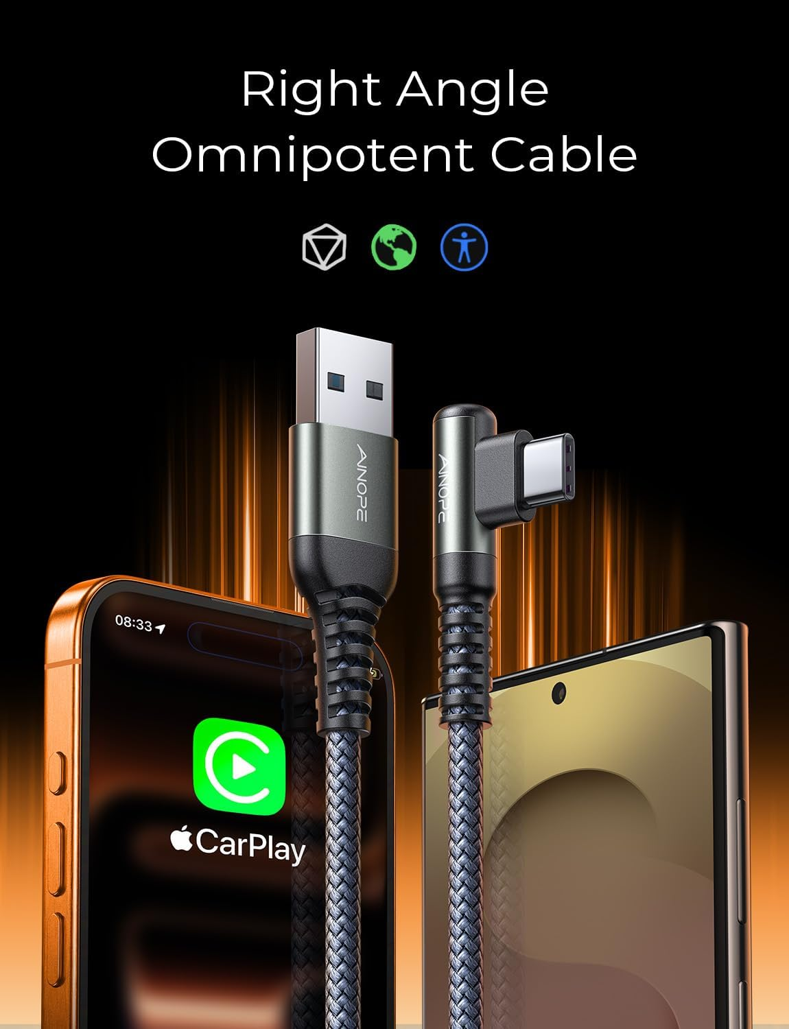 Szary kabel USB-C pod kątem 90 stopni obok smartfona z CarPlay.