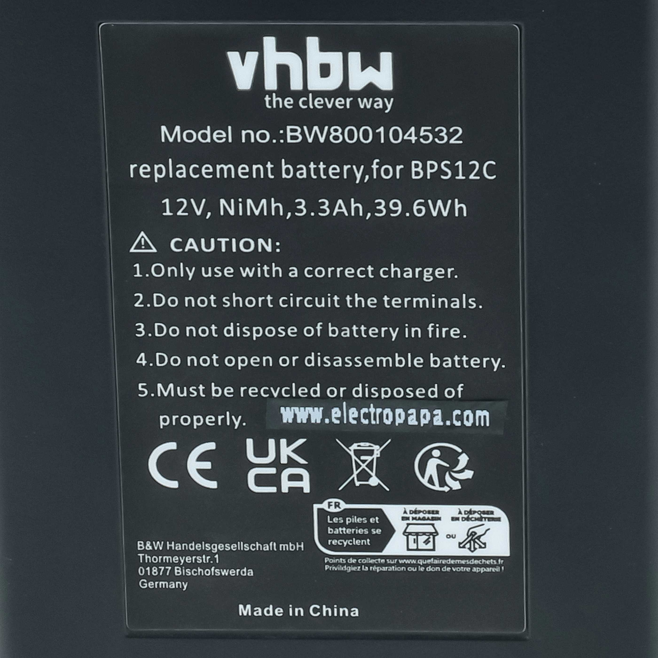 Schwarz-weiße Batterie mit Modellnummer BW800104532 und Warnhinweisen.