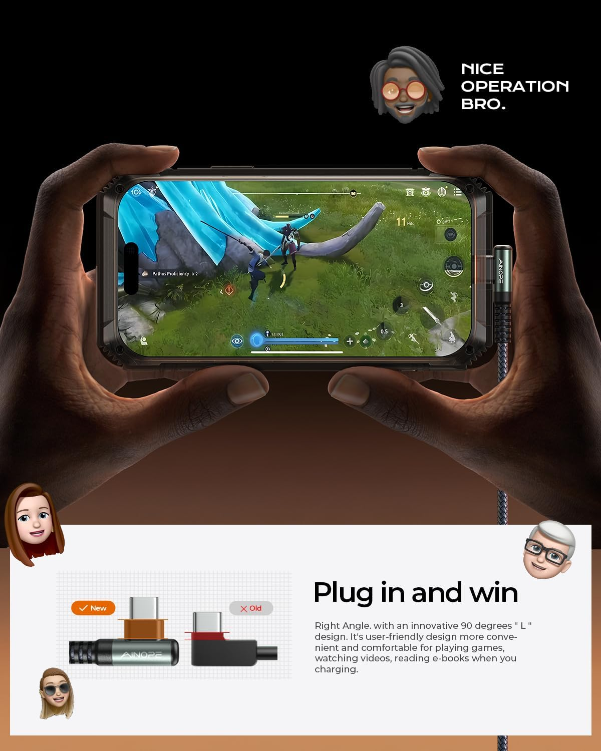 Telefon wyświetla grę z dwoma postaciami, podłączony jest kabel ładujący.