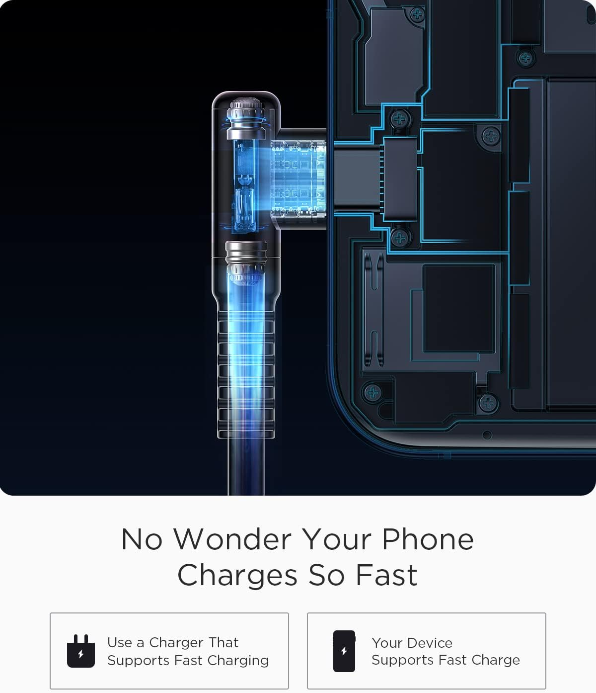 Kabel ładowania z niebieskim światłem podłączony do wnętrza smartfona.