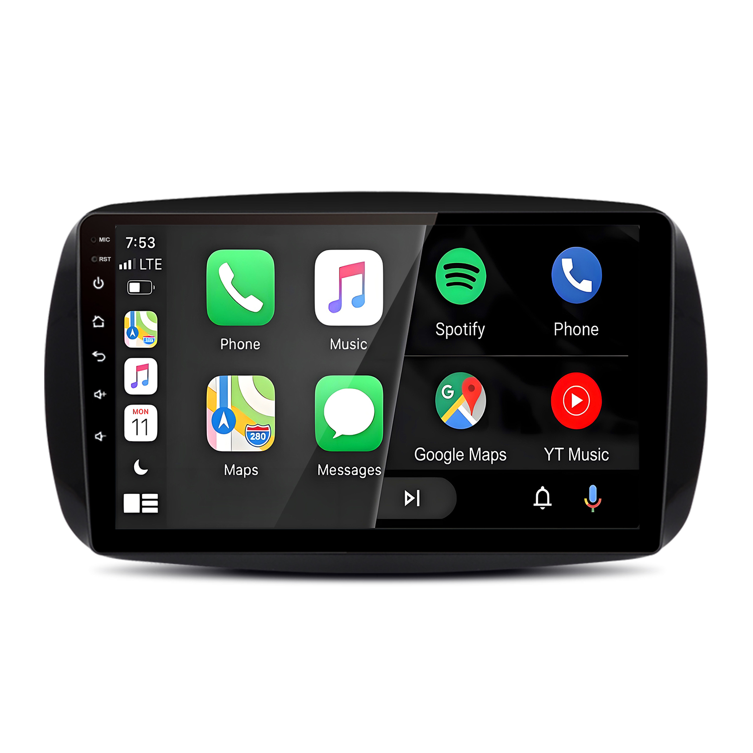 Ein Autoradio-Bildschirm zeigt App-Icons für Telefon, Musik, Spotify, Karten, Nachrichten, Google Maps und YouTube.