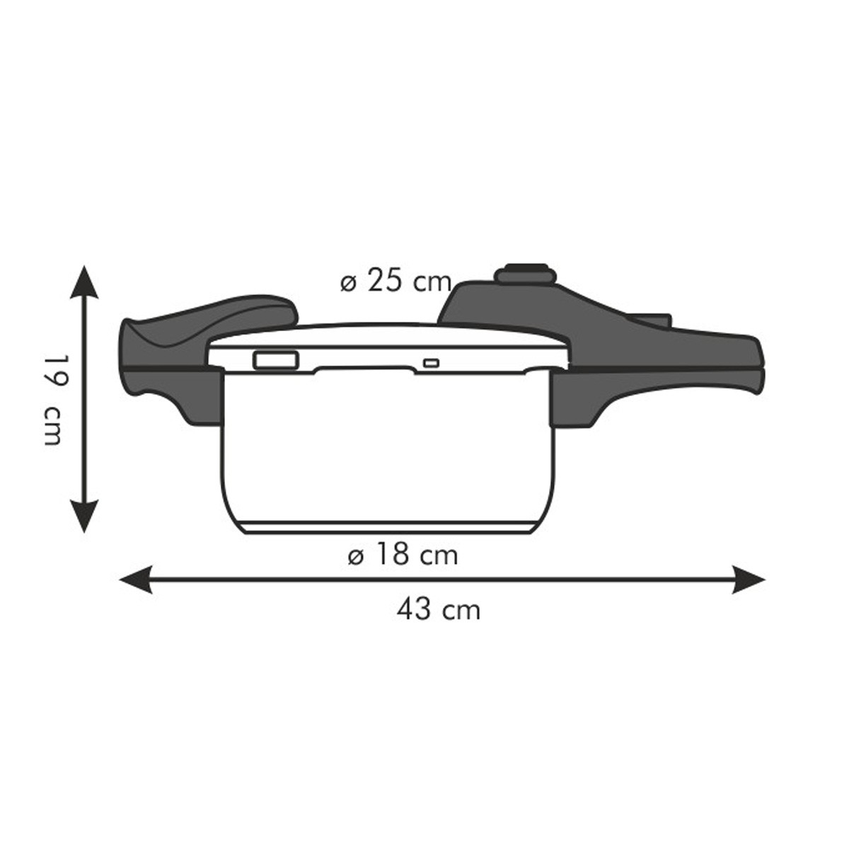 Druckkochtopf-Diagramm: H"19cm, D"25cm, L43cm.