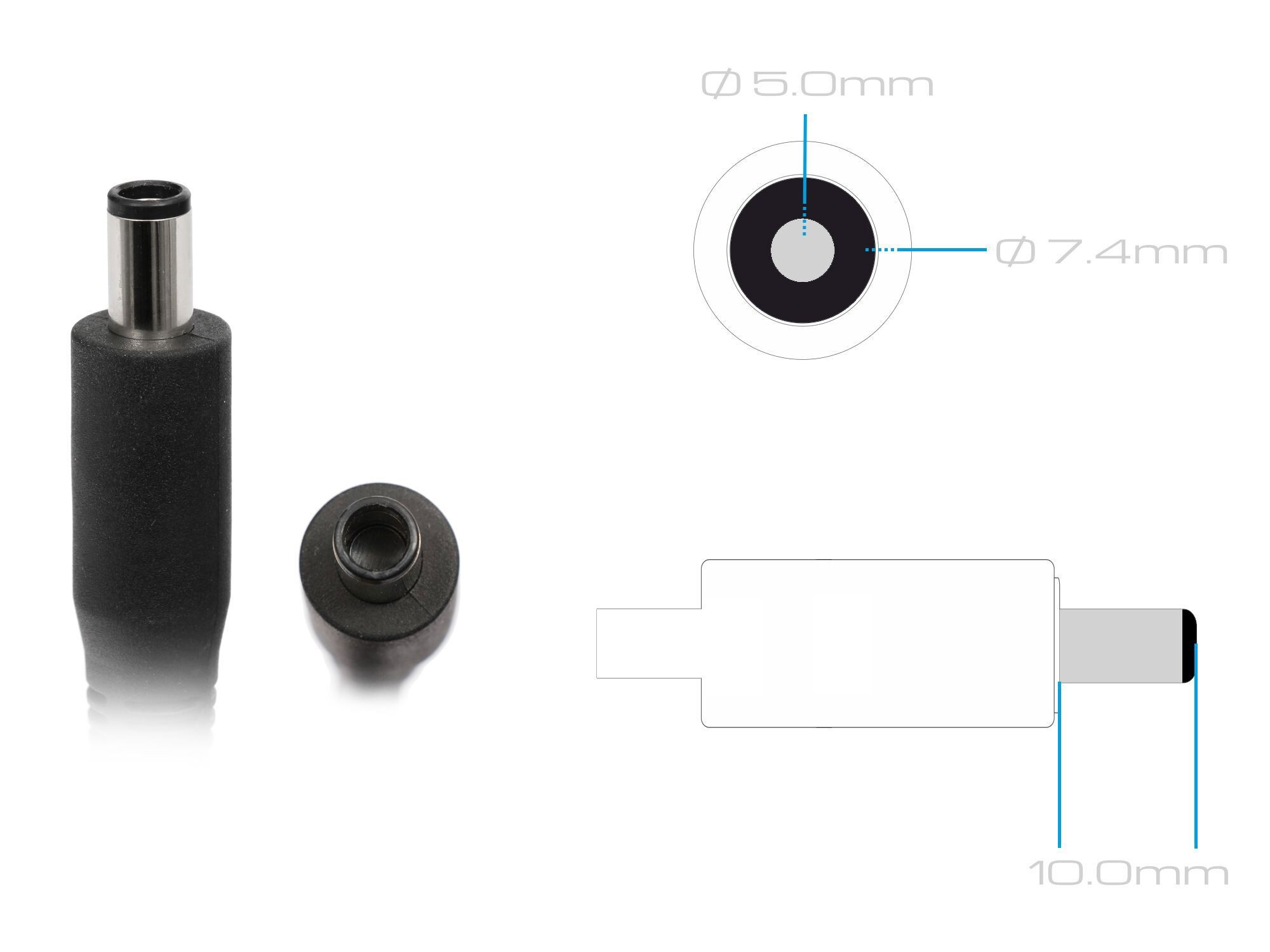 Ein schwarzer Stecker und eine Kappe daneben. Technische Maße sind aufgeführt.