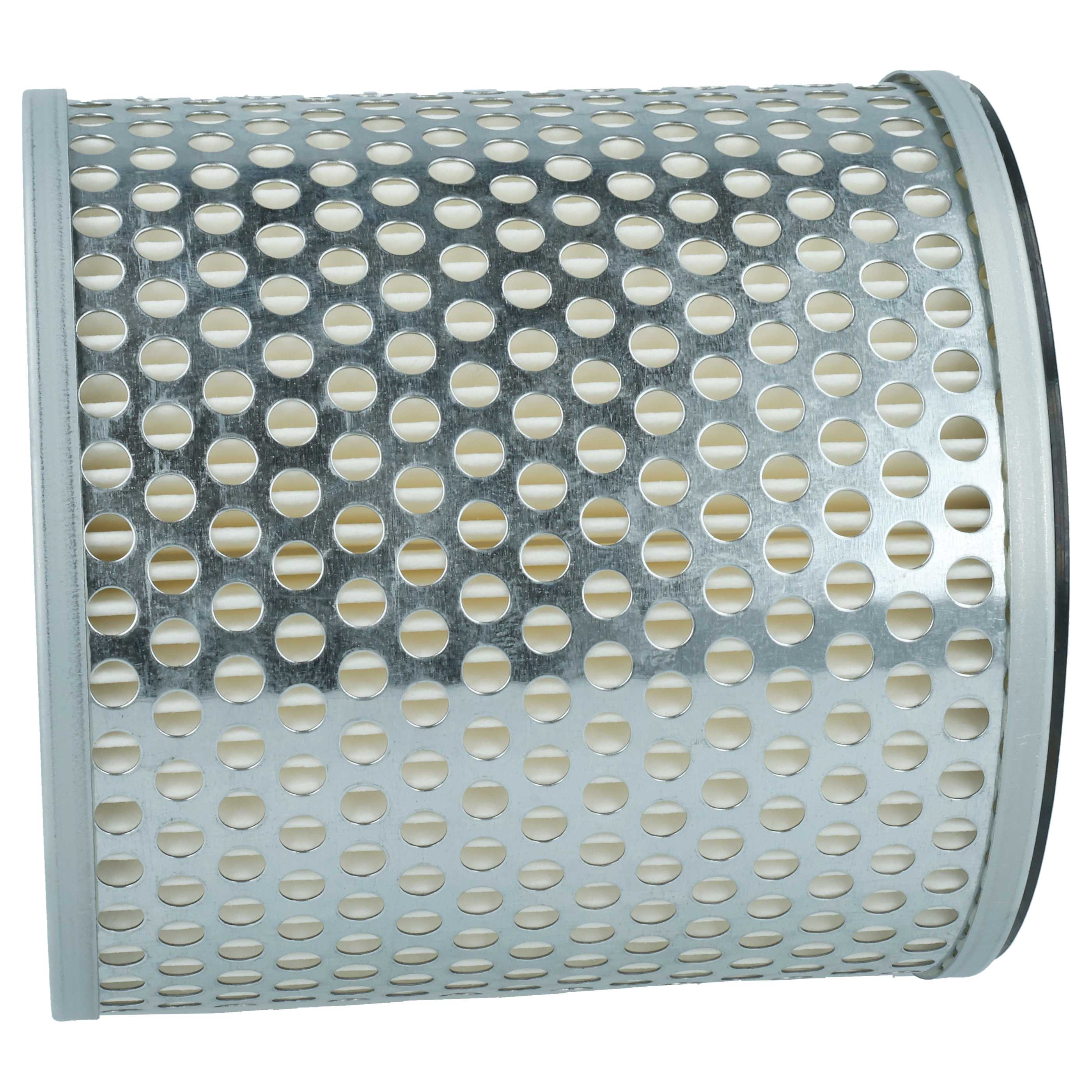 Ein silberner Zylinder mit perforierter Metallhülle und weißem Filterelement.