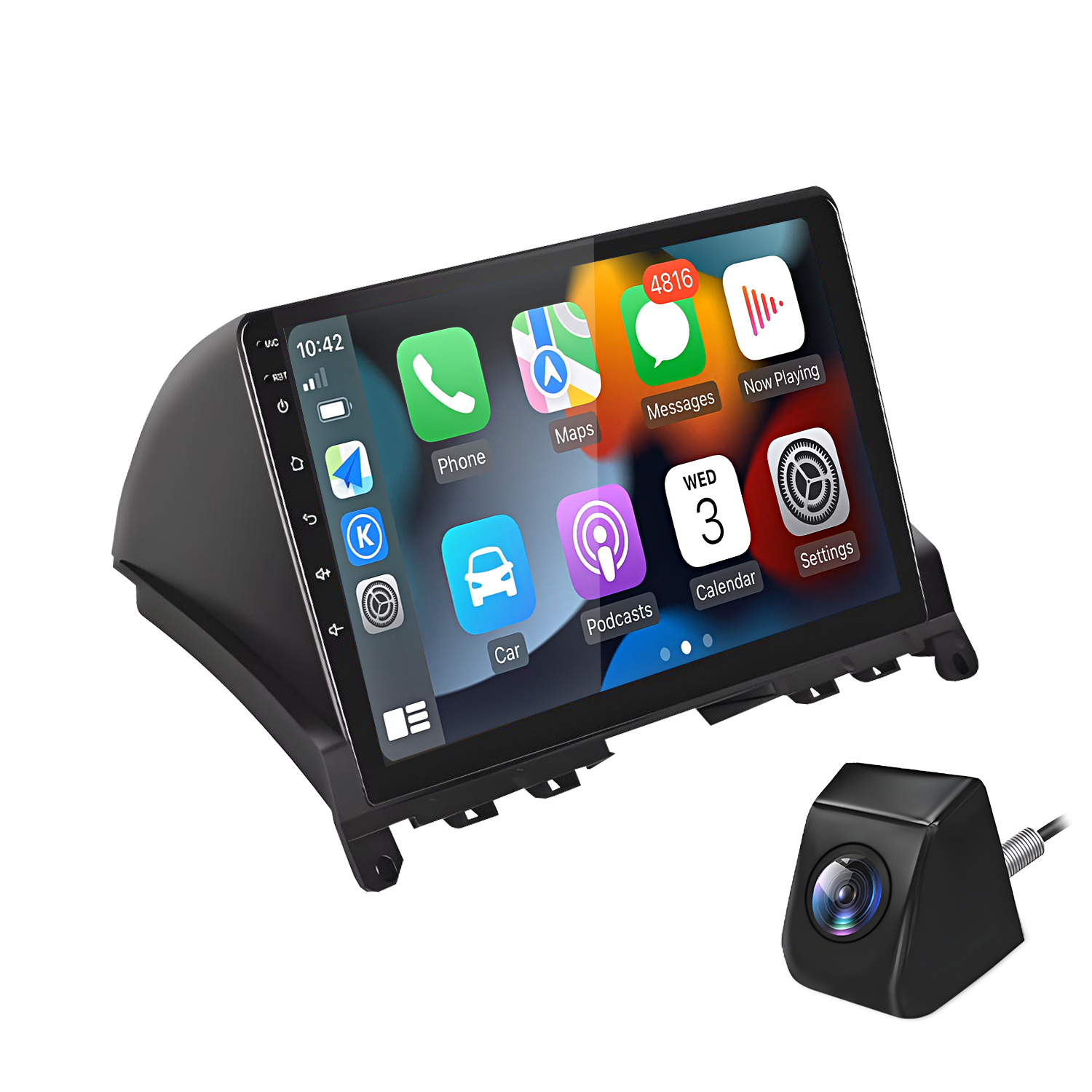 Ein schwarzes Autoradio mit Touchscreen zeigt App-Icons und eine Rückfahrkamera.