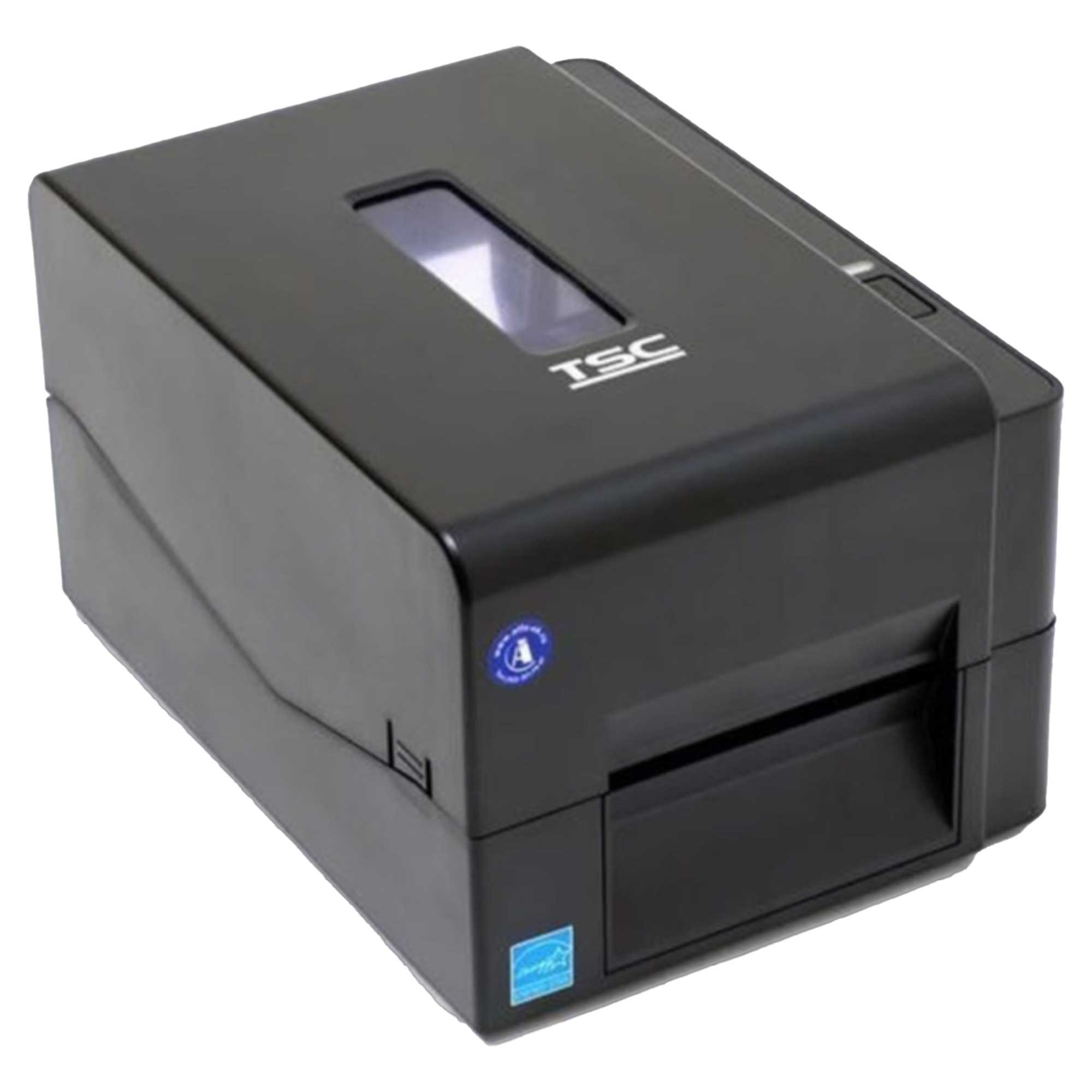 Ein schwarzer TSC-Drucker mit einem Sichtfenster und blauen Zertifizierungsaufklebern.