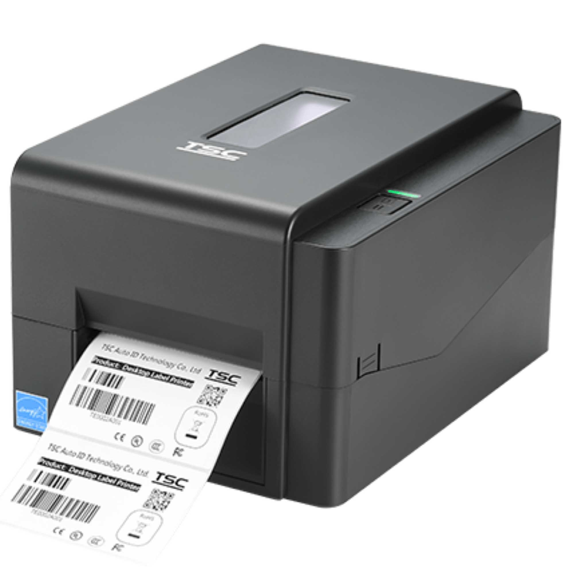 Ein schwarzer Etikettendrucker druckt ein Etikett mit Barcodes.