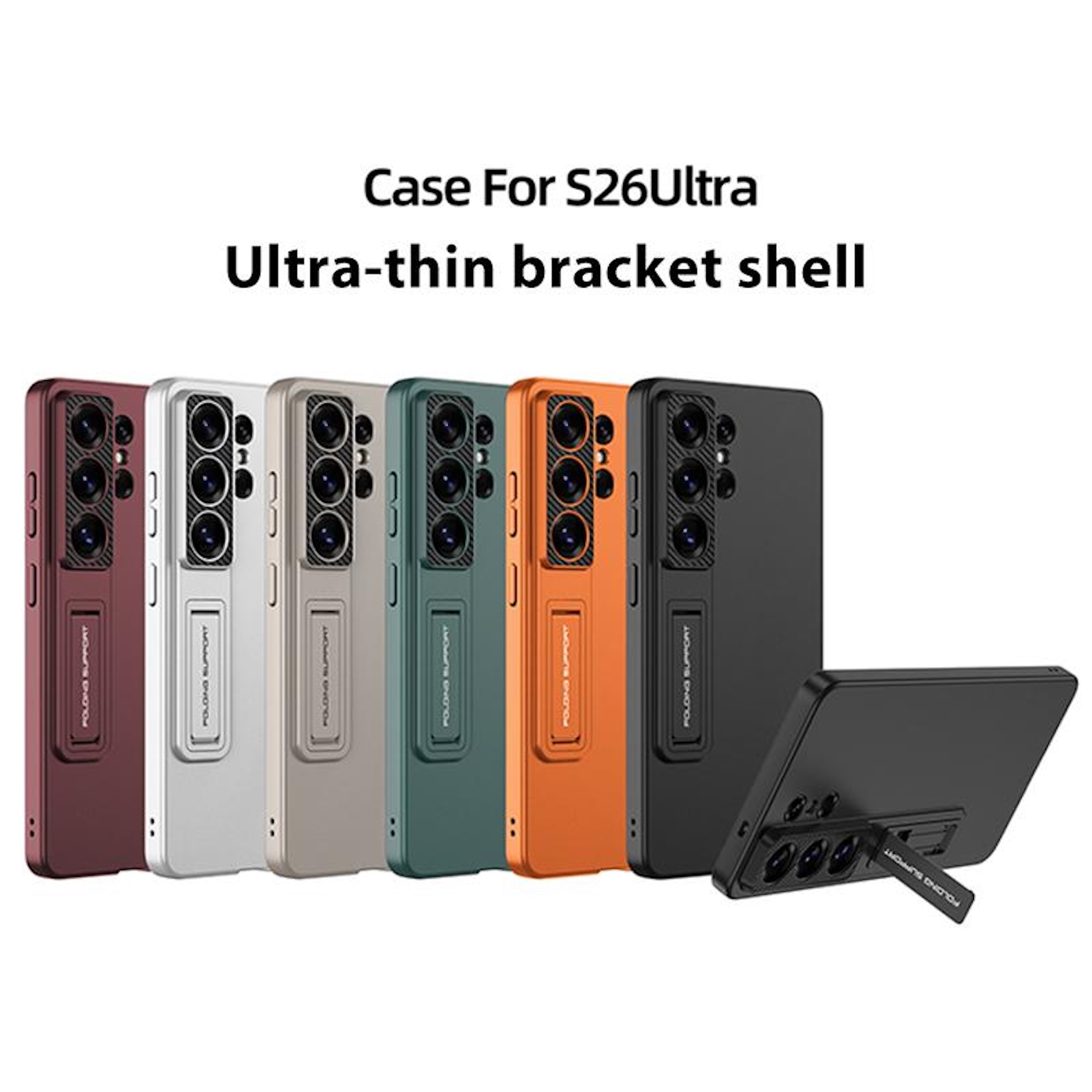 Seis fundas de teléfono en varios colores con cámaras y soportes.