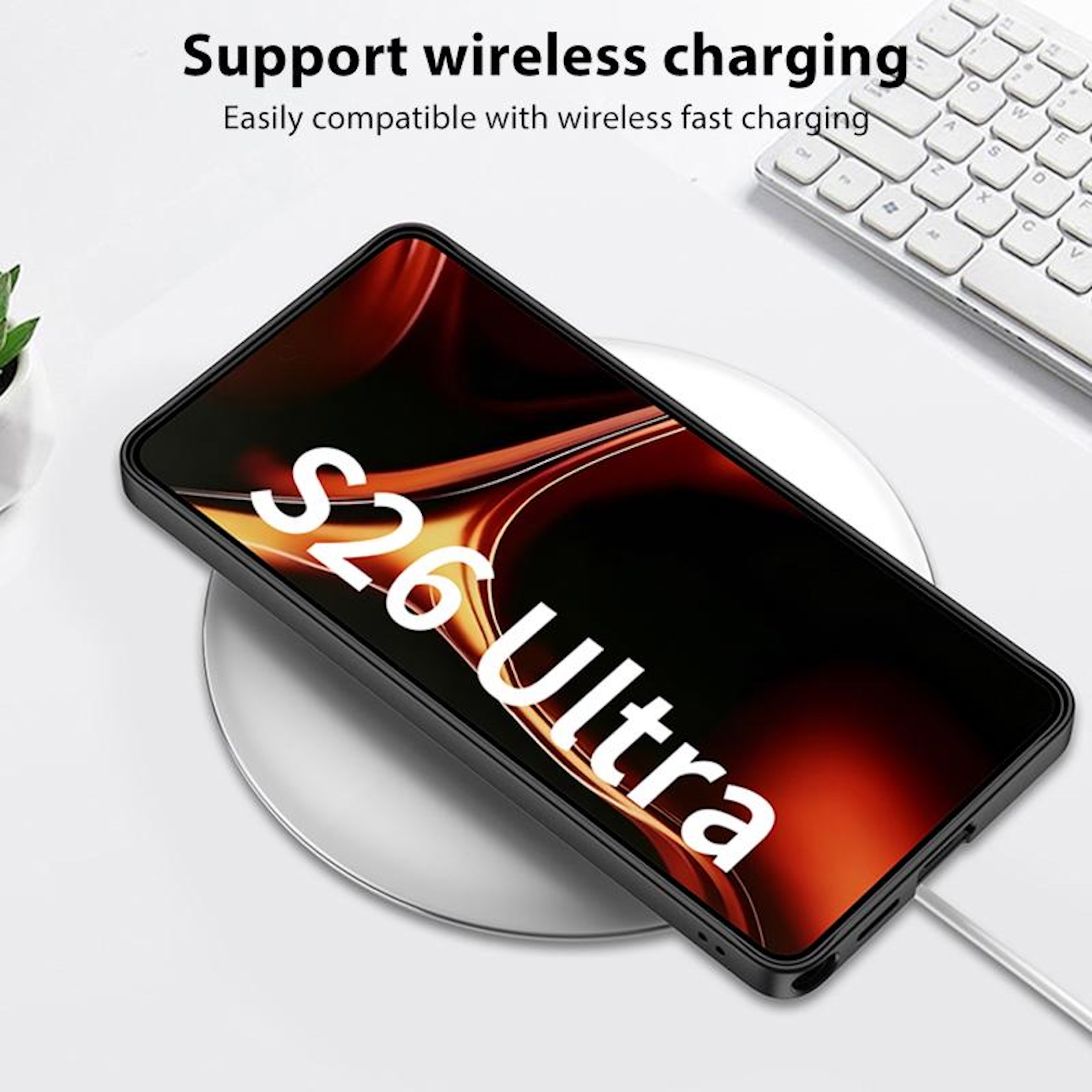 Un smartphone con la etiqueta "S26 Ultra" descansa sobre un cargador inalámbrico.