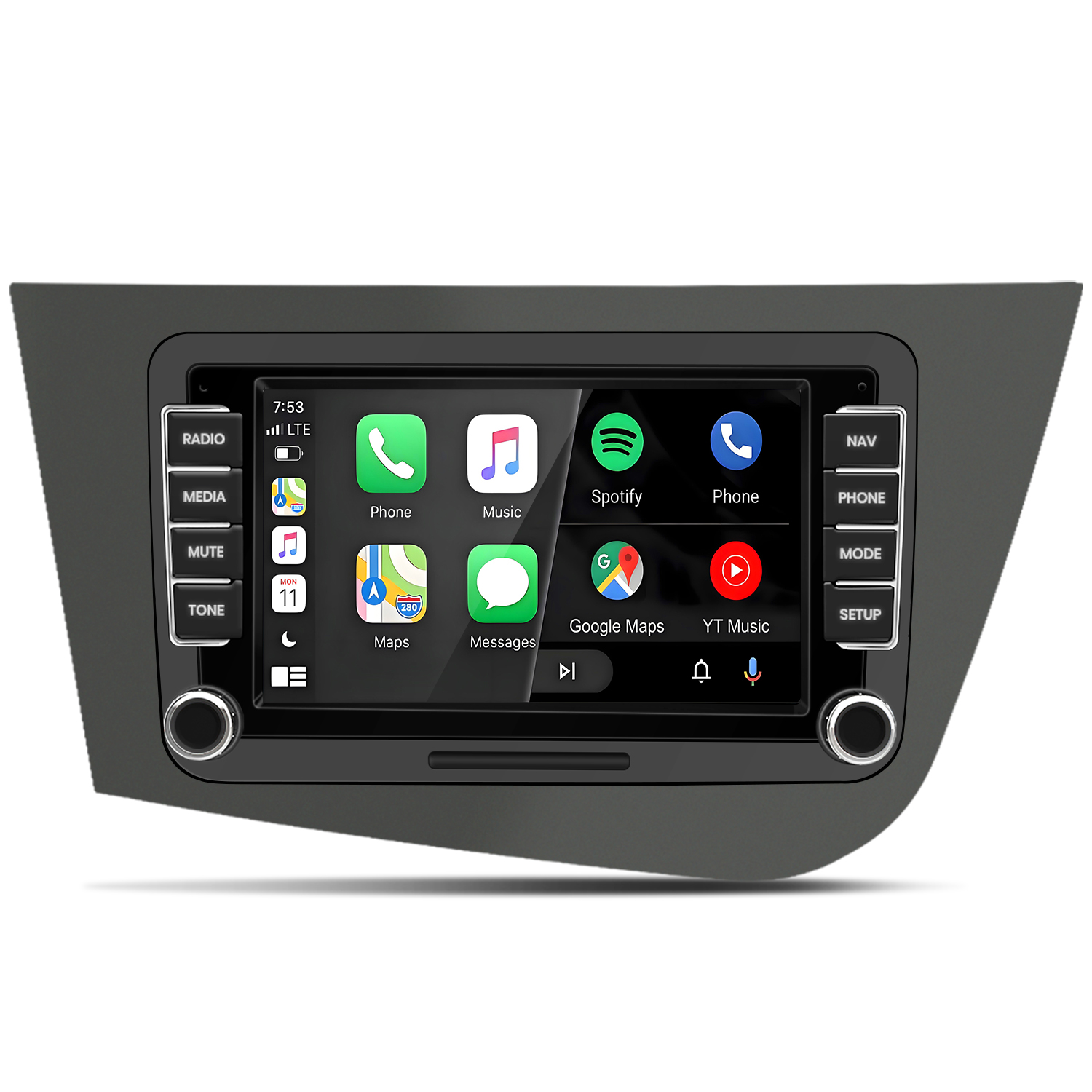 Ein Autoradio-Touchscreen mit App-Symbolen: Telefon, Musik, Spotify, Karten.