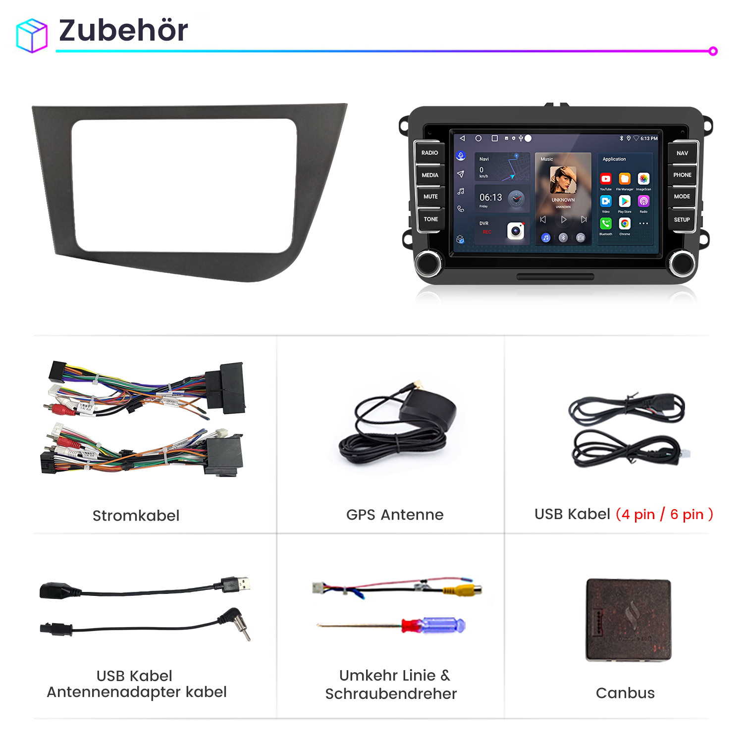 Ein Autoradio mit Zubehör: Blende, Kabel, GPS-Antenne, Schraubendreher.
