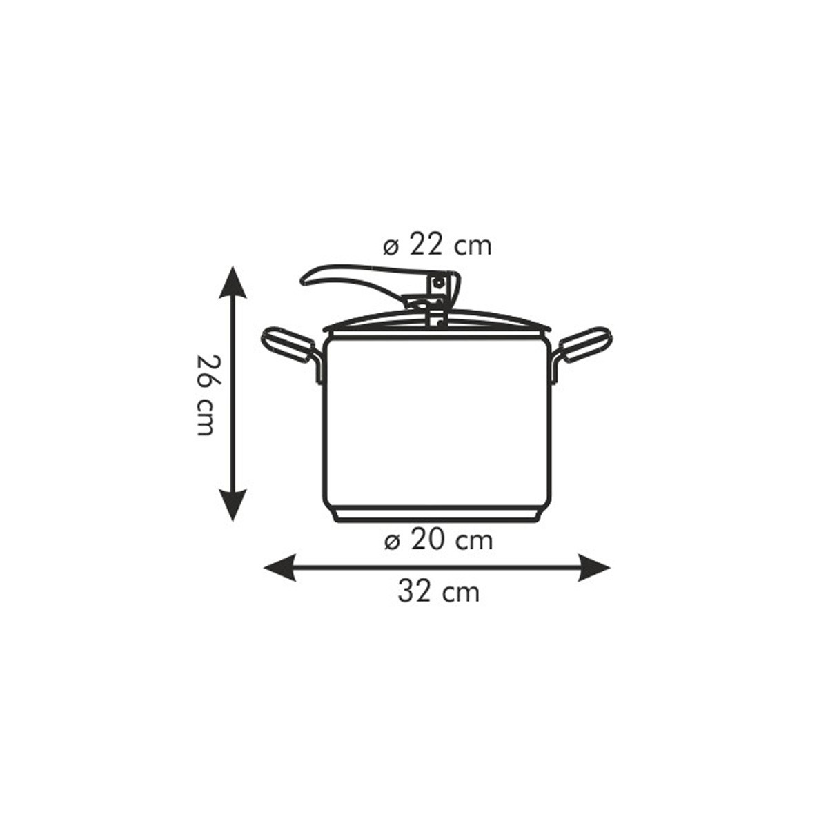 Kochtopfzeichnung mit Maßen: Höhe 26cm, Ø 22cm, Breite 32cm.