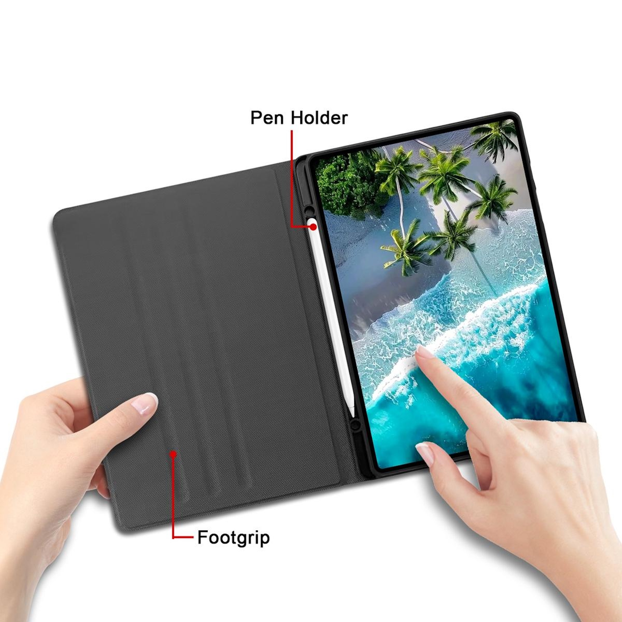 Eine Hand hält eine Tablet-Hülle, die ein Tablet mit Palmen und Meer zeigt.