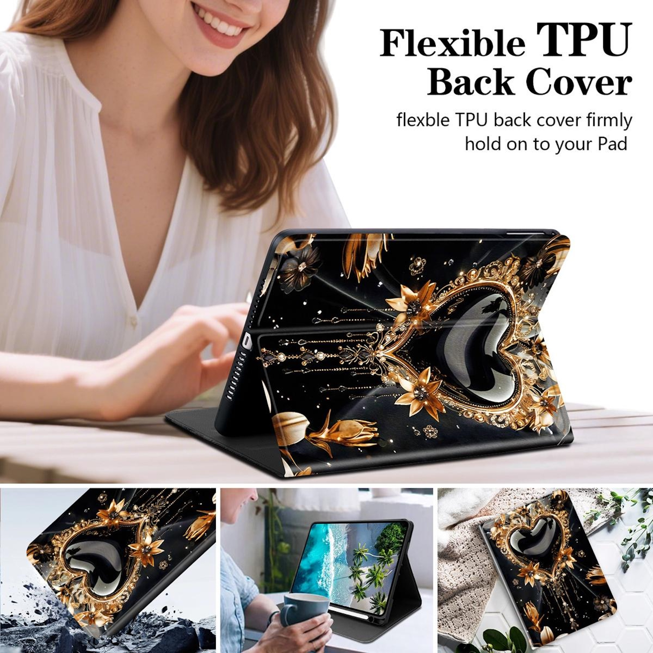 Schwarzes Tablet-Etui mit goldenem Herz- und Blumenmuster, auf dem eine Frau tippt.
