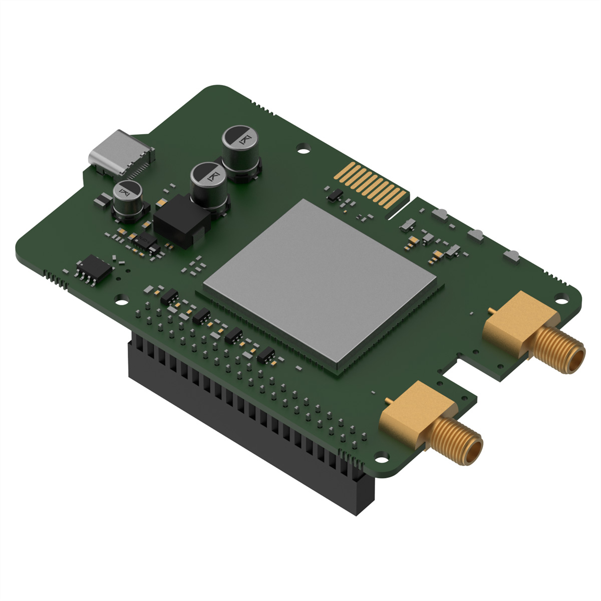 Grüne Platine mit Anschlüssen, Kondensatoren, einem Chip und einem USB-C-Anschluss.