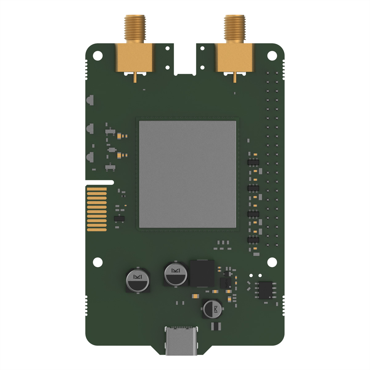 Grüne Platine mit zwei goldenen SMA-Anschlüssen, großem grauen Chip und USB-C.