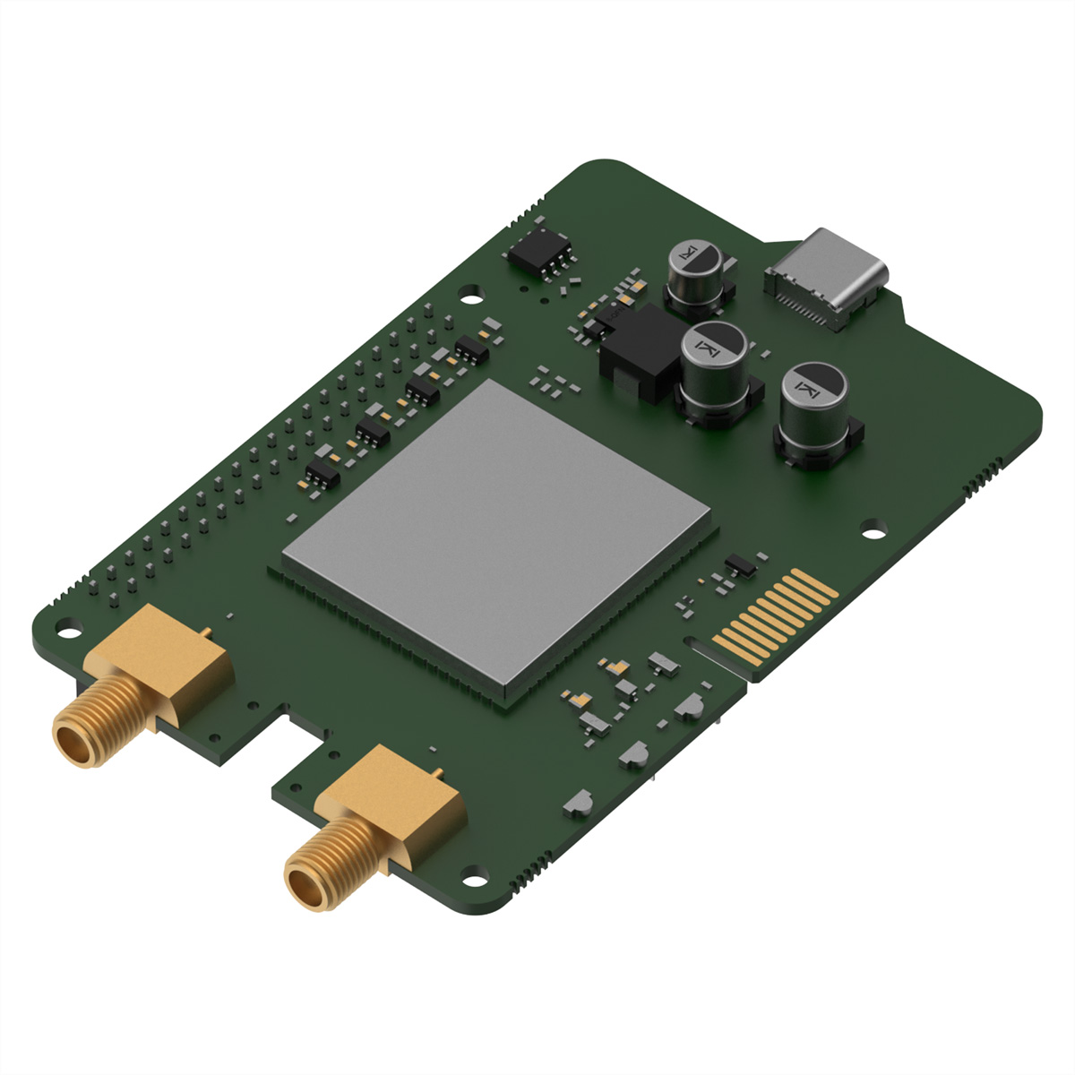Grüne Platine mit zwei goldenen Steckverbindern, einem großen silbernen Chip und diversen elektronischen Bauteilen.