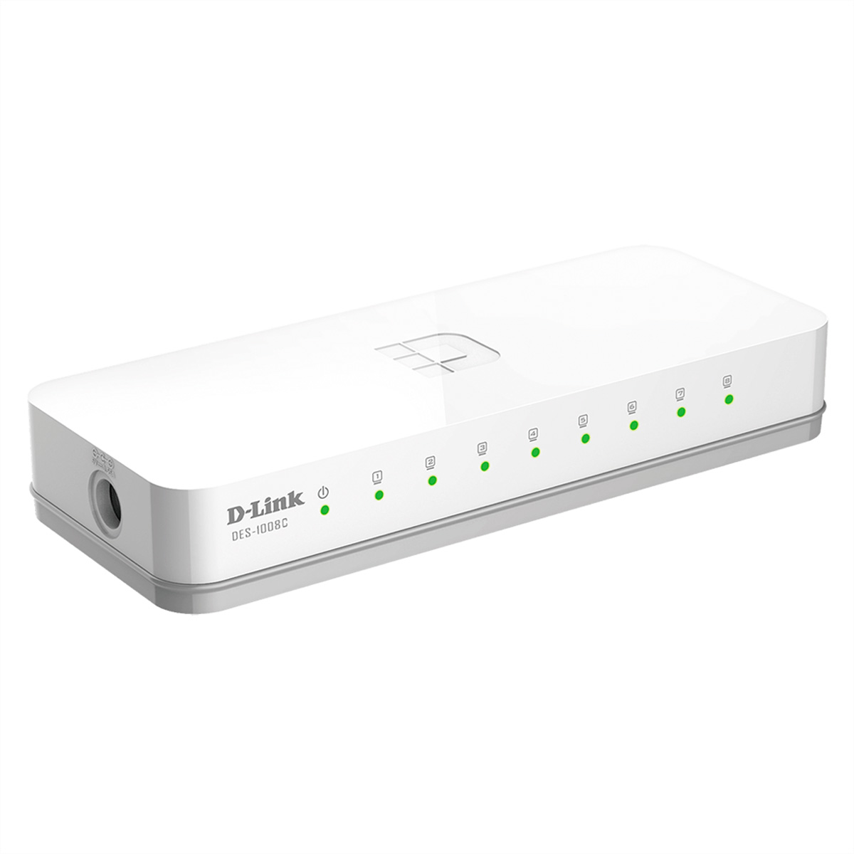 Ein weißer D-Link DES-1008C Netzwerk-Switch mit acht grünen LED-Anzeigen.