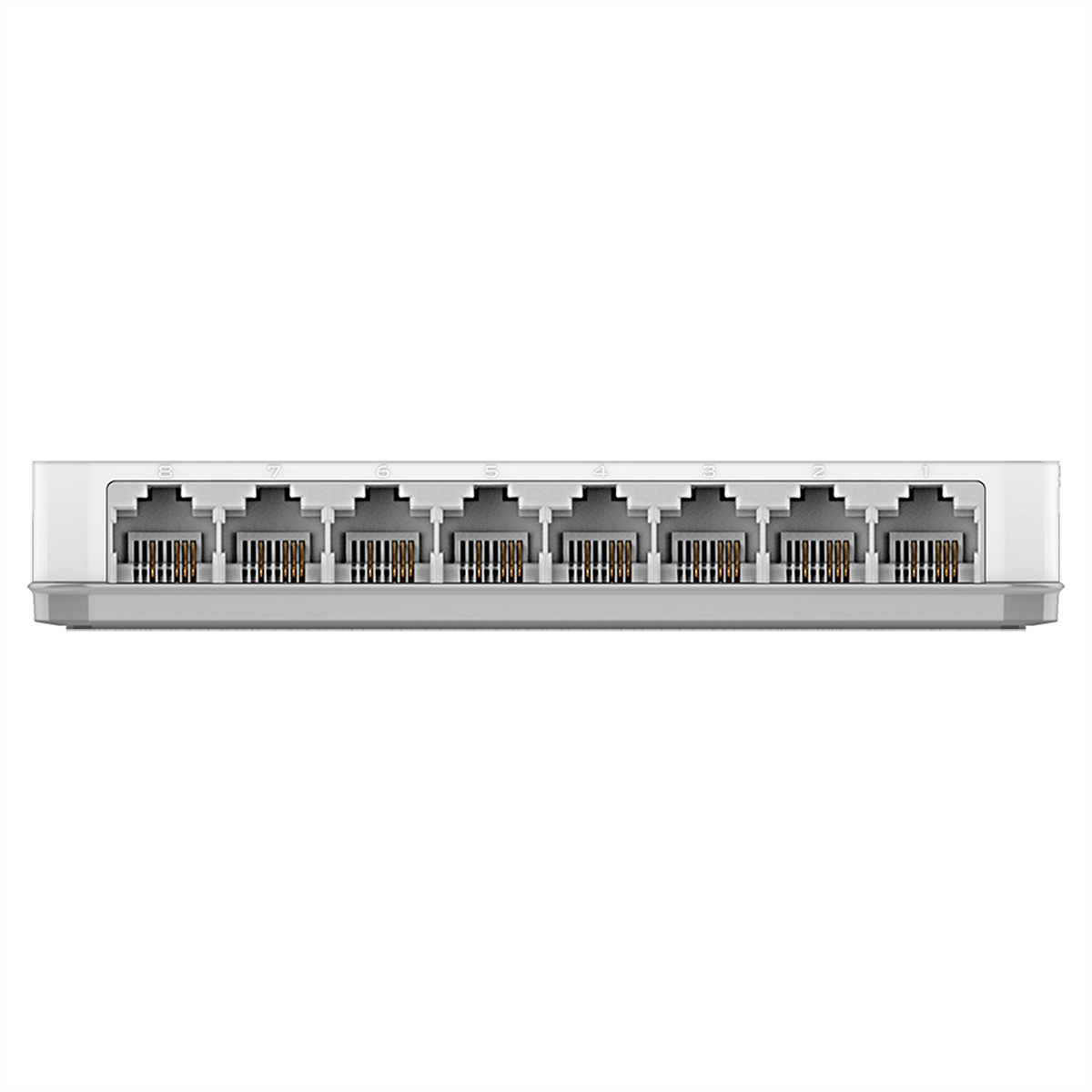 Ein weißer 8-Port-Netzwerk-Switch mit Ethernet-Anschlüssen.