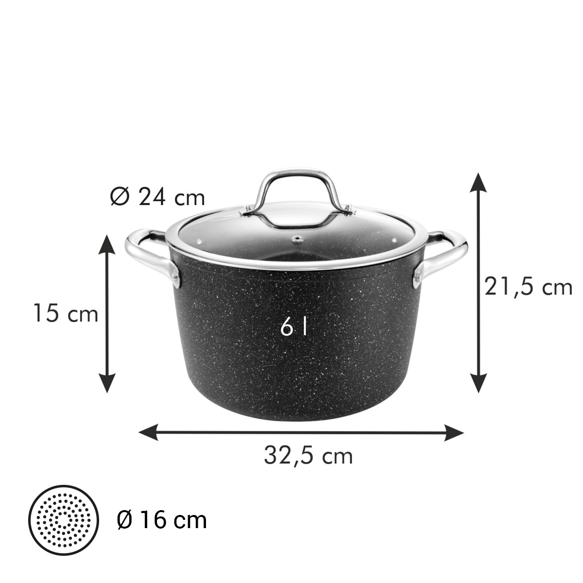 Topf mit Glasdeckel, 24cm Durchmesser, 6L Volumen, 32.5cm Breite.